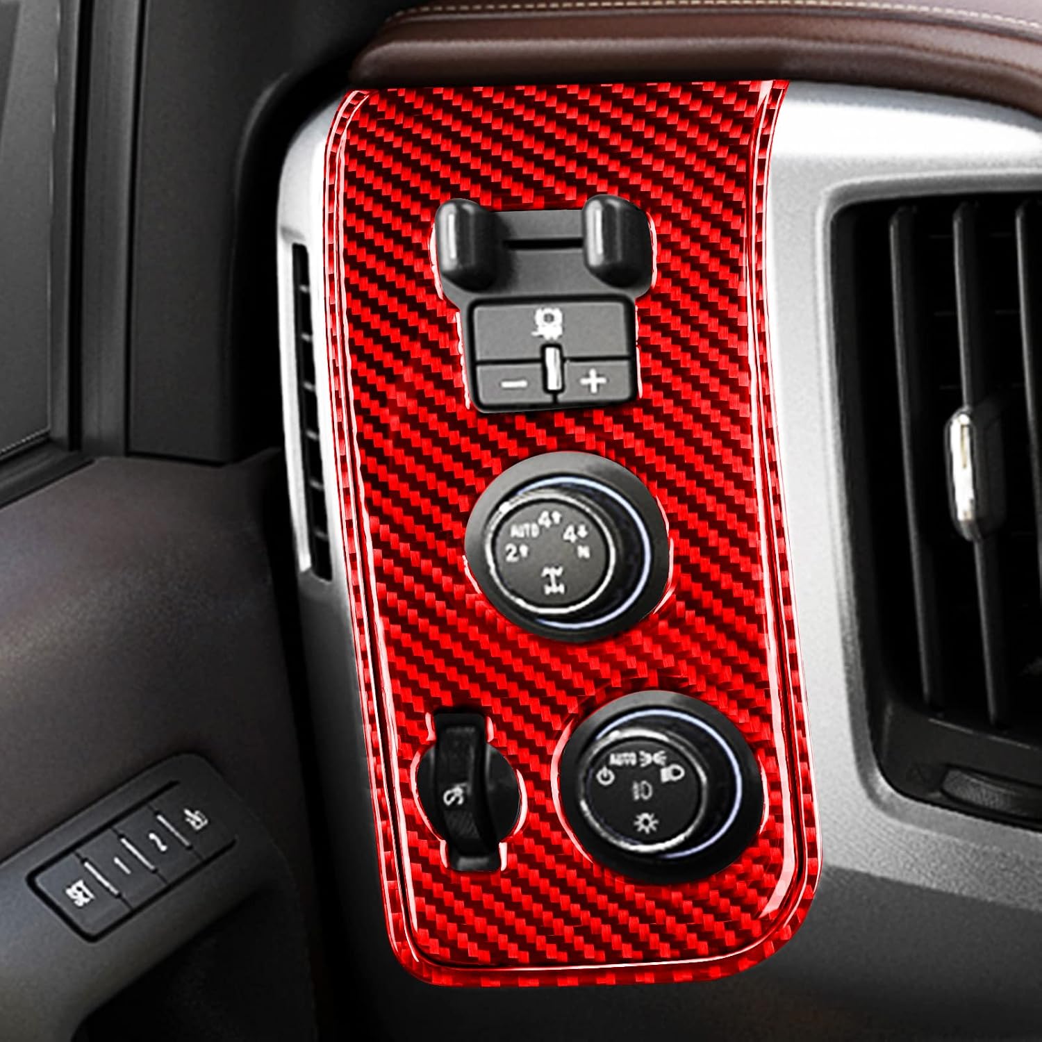 Real Carbon Fiber Compatible with Chevrolet Silverado 1500/GMC Sierra 1500 2014-2018 Car Headlight 4WD Mode Switch Button Trim Decals Sticker Decor Auto Interior Accessories Cover Style A Red