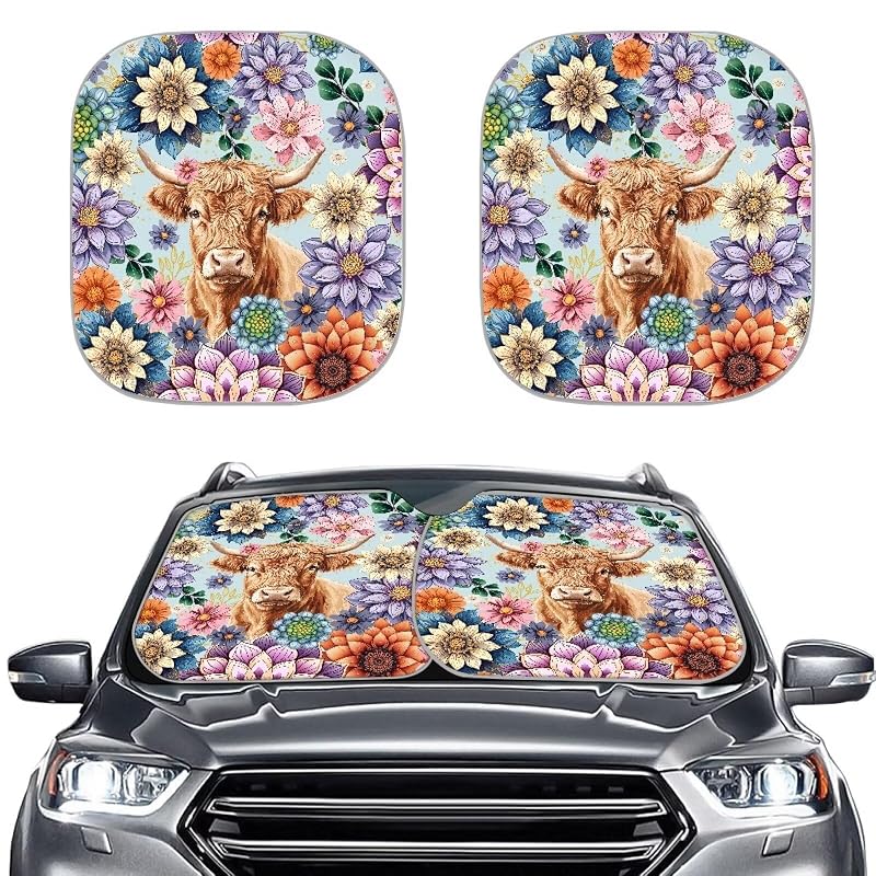 Protetor solar para para-brisa Bulopur Highland Cow com estampa Boho Mandala Floral dobrável Kit com 2