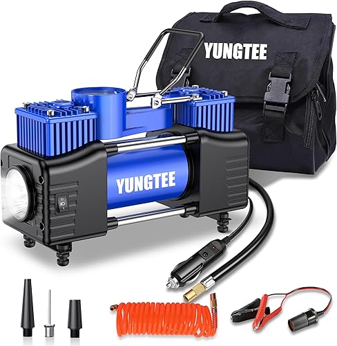 Miniatura 10 de YUNGTEE Inflador de neumáticos plateados, bomba de inflado de accionamiento directo de doble cilindro resistente, bomba de compresor de aire