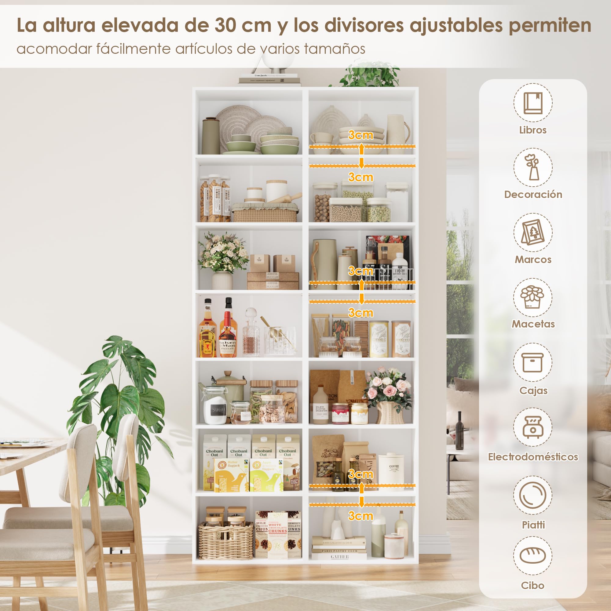FirFurd Estantería Libros Sinfonier Alto Librería Madera, 7 Compartimentos | Librería Estantería, Biblioteca, Estanterias Almacenaje, Estrecha y Alta, para Salón Oficina Dormitorio Blanco 48x30x220Al.cm