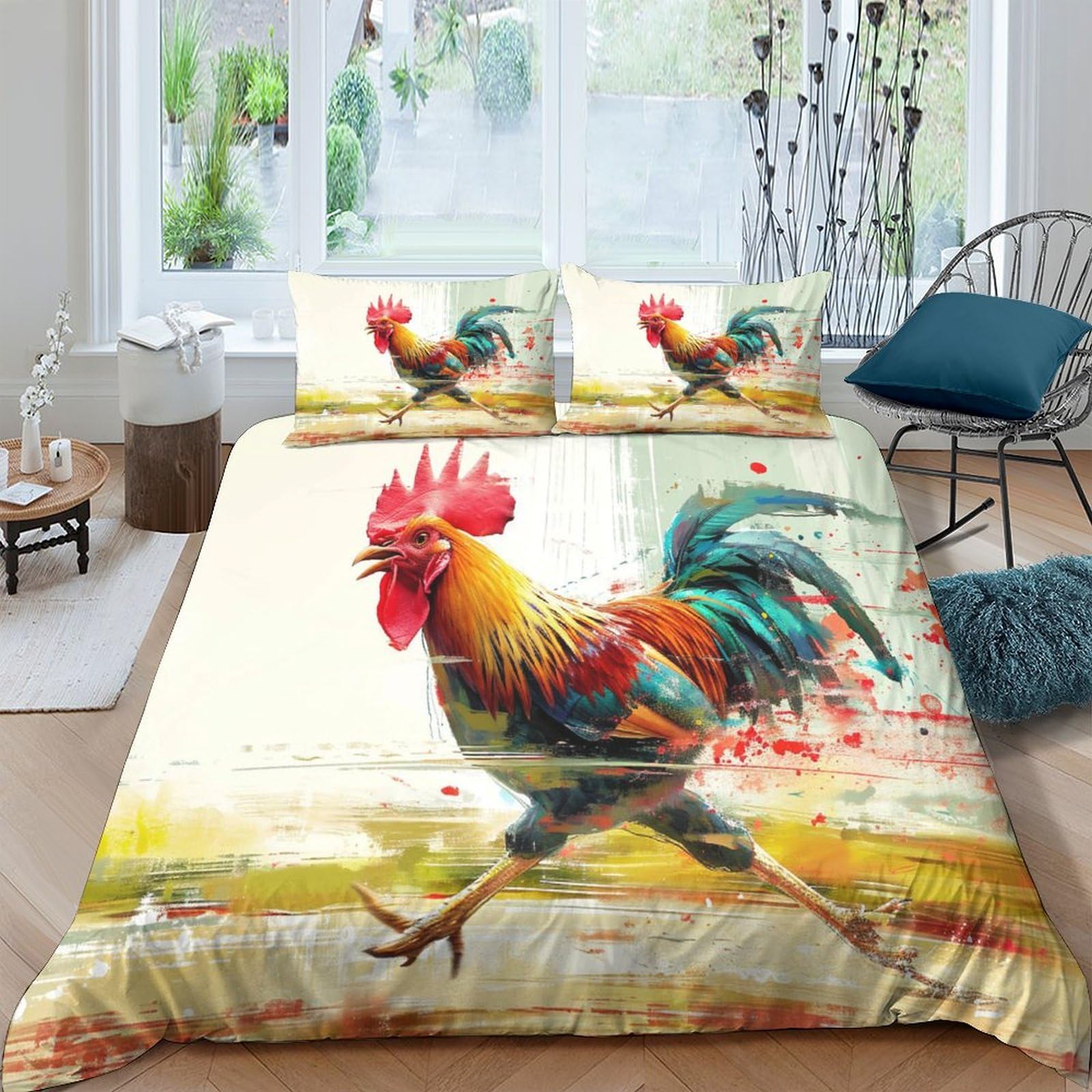 Housse de couette poules gauloises parure de lit romantique 3D pour chambre d'enfant et ado