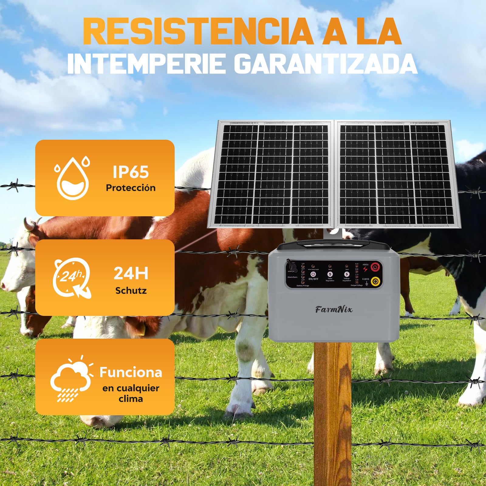 48KM Solar Pastor Electrico, 0.3- 1.5J 6-12KV Ajustable pastor electrico Cerca eléctrica Controlador para Granja de animales, Electrificador de cercados para Ganado, Aves, Granja