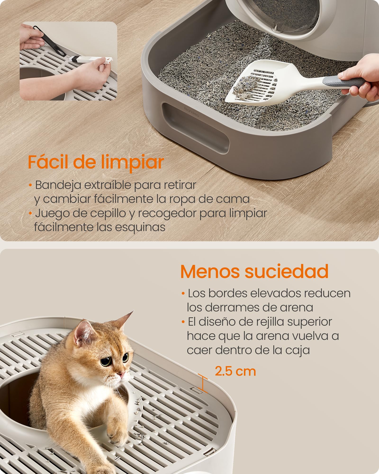 Feandrea Arenero Cerrado para Gatos, Caja de Arena, XXL, con Tapa, Bandeja Extraíble, Recogedor, Cepillo, Gatos de Varios Tamaños, Menos Rastro, Color Avena y Gris Cálido PPT002G01 | Espacioso para gatos grandes, menos rastros, fondo a prueba de fugas, av