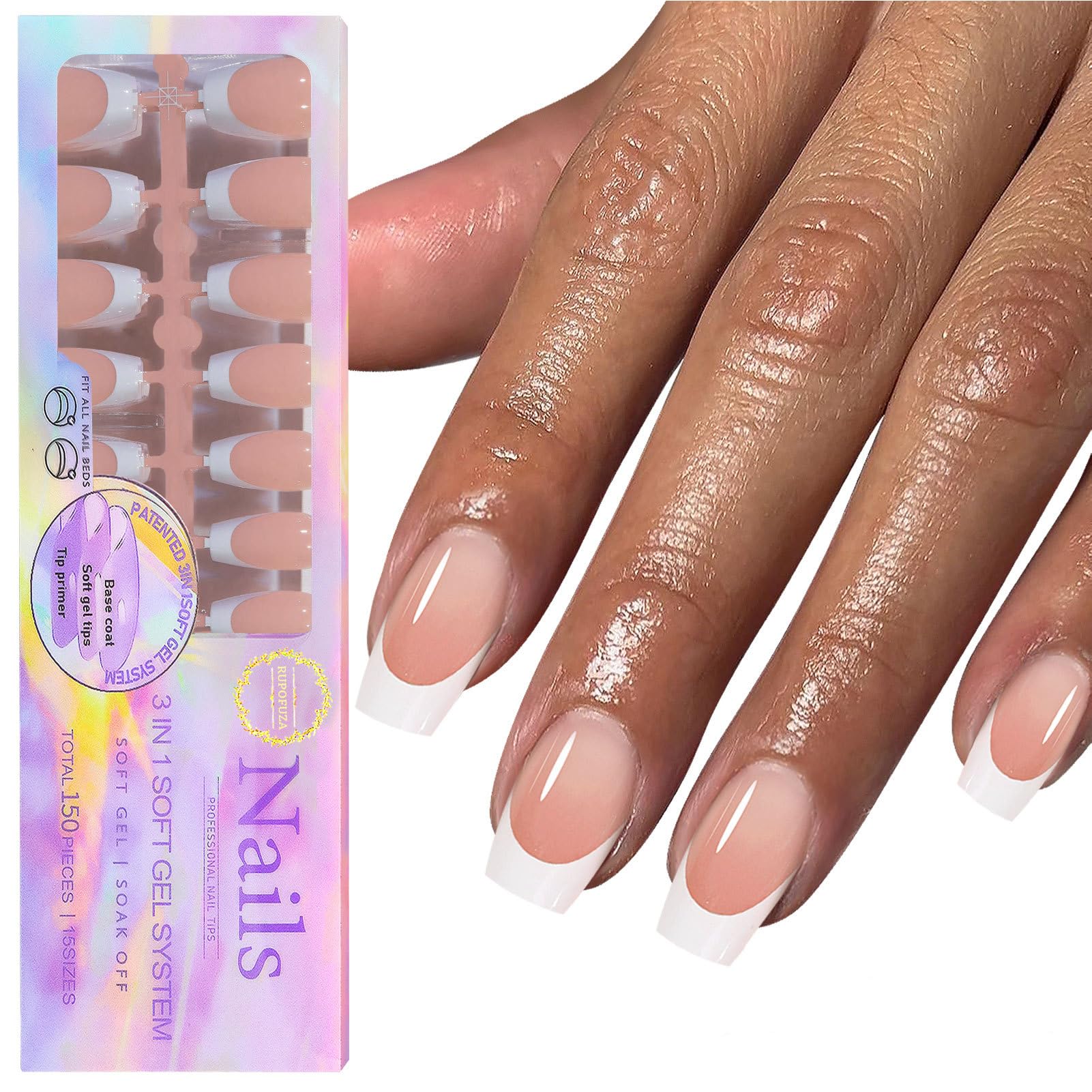 RUPOFUZA French Tip Press on Nails, White French Tip Nails, Soft Gel Skin Tones Medium Square Nail Tips False Nails 150pcs -15Sizes Artificial Fake