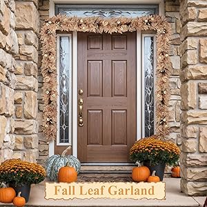 6 FT Fall Garland with Lights Timer Function Autumn Fall Leaves Garland with Berries Pine Cones Pumpkins Realistic Automatic ON/Off Timer Fall Decorations for Home Mantle Fireplace Porch Door Table