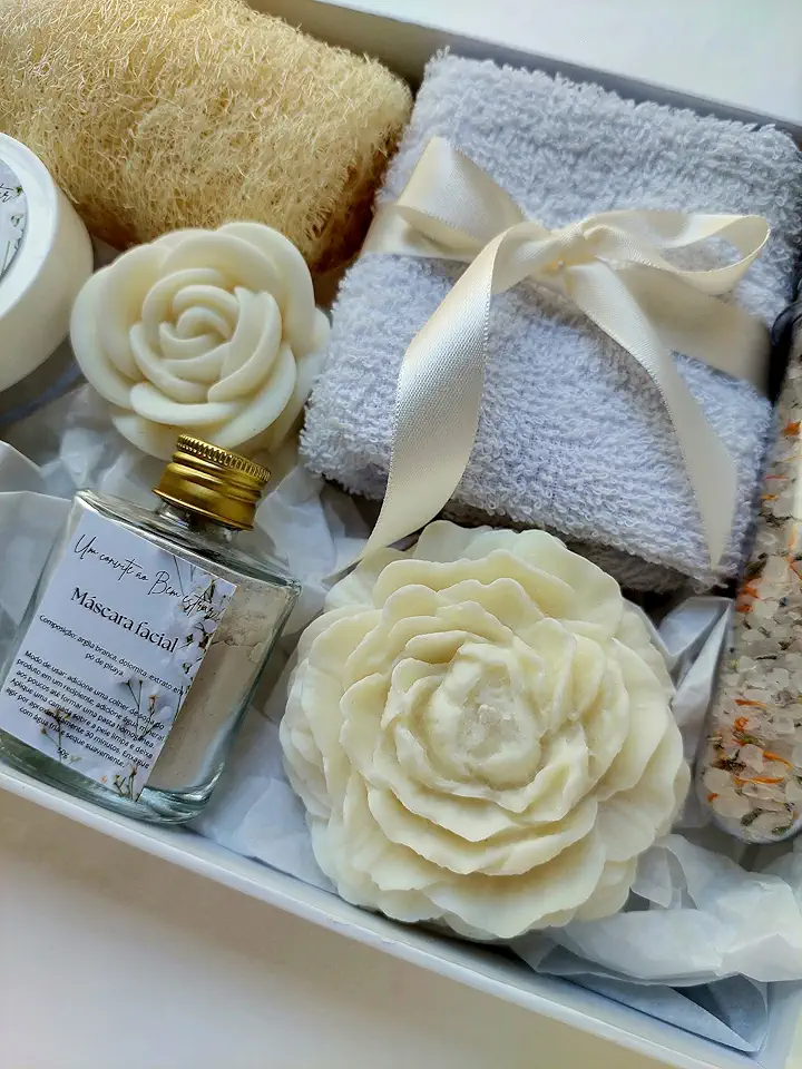 Caixa Presente Feminino Chá Branco - Presente para mãe, filha, madrinha, aniversário, maternidade, amigo secreto, natal, amiga, vó, celebrações, kit Spa e autocuidado