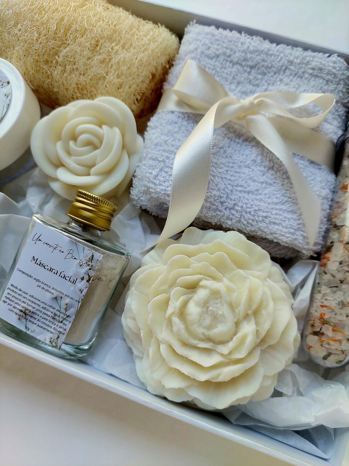 Caixa Presente Feminino Chá Branco – Presente para mãe, filha, madrinha, aniversário, maternidade, amigo secreto, natal, amiga, vó, celebrações, kit Spa e autocuidado