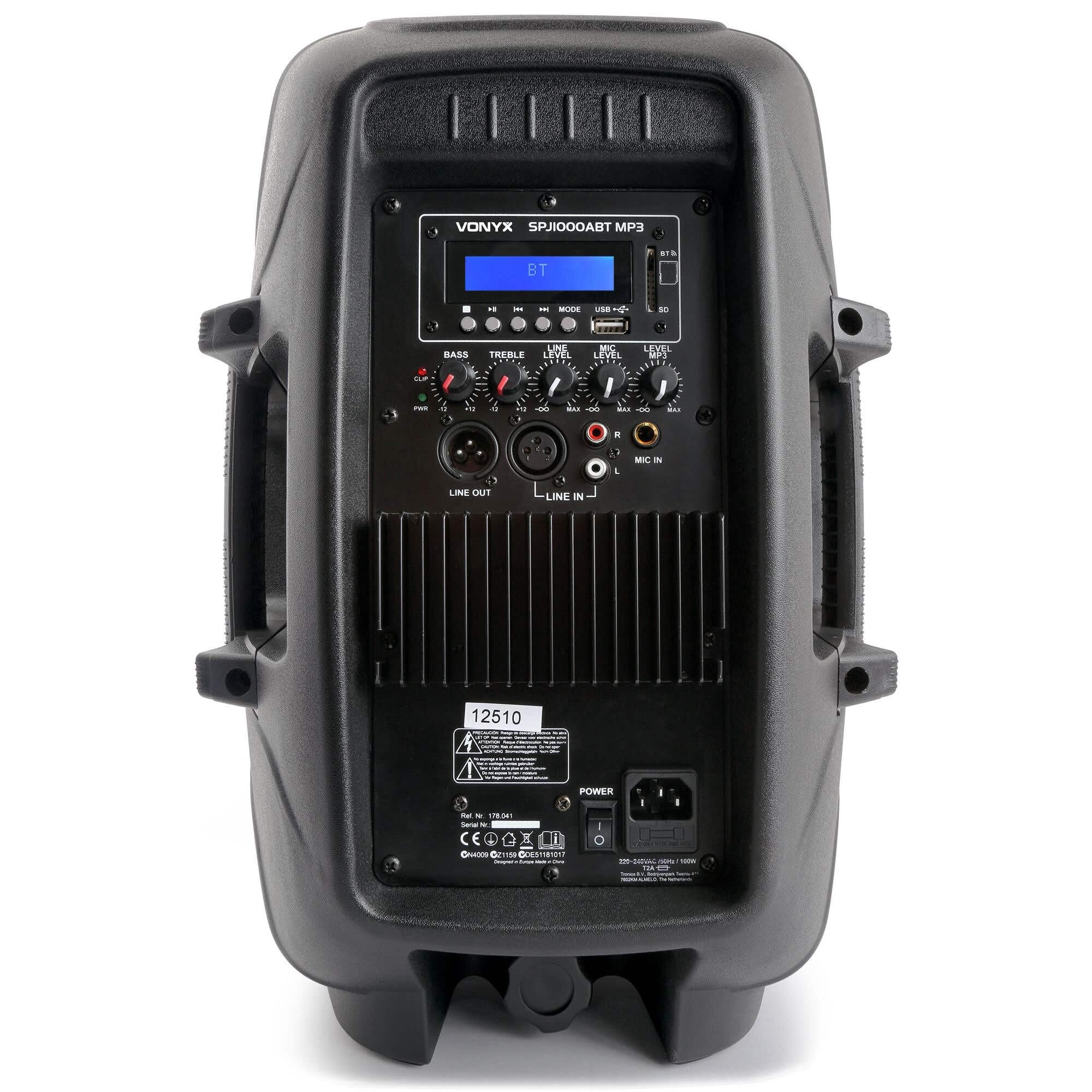 Vonyx Altavoz portátil de 10" PA de 400W en Carcasa rígida de ABS con tecnología Bluetooth, Reproductor Multimedia MP3 con USB y SD, Entrada RCA, XLR y Jack. Agujero para Vaso Tophat.