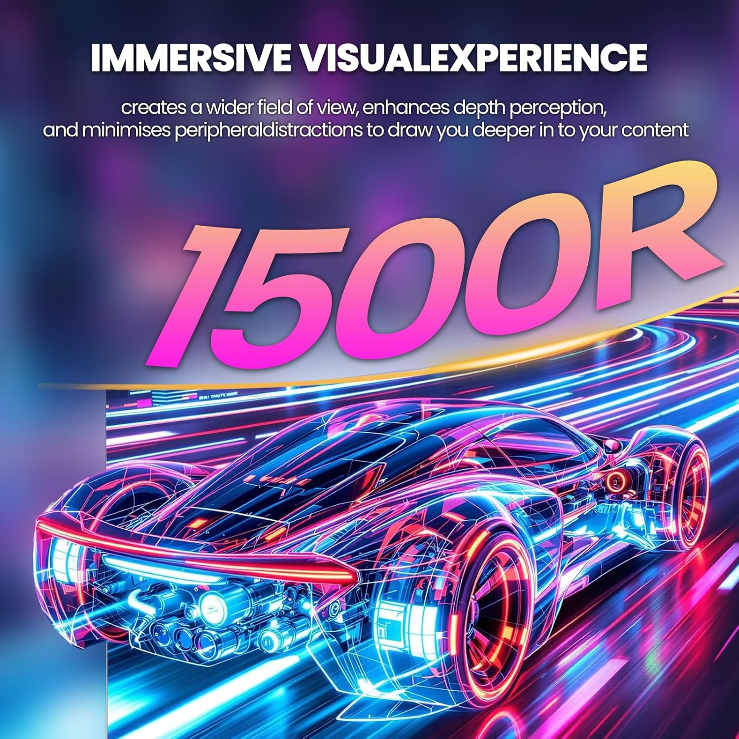 Image highlighting the 1500R curvature of the monitor for an immersive visual experience