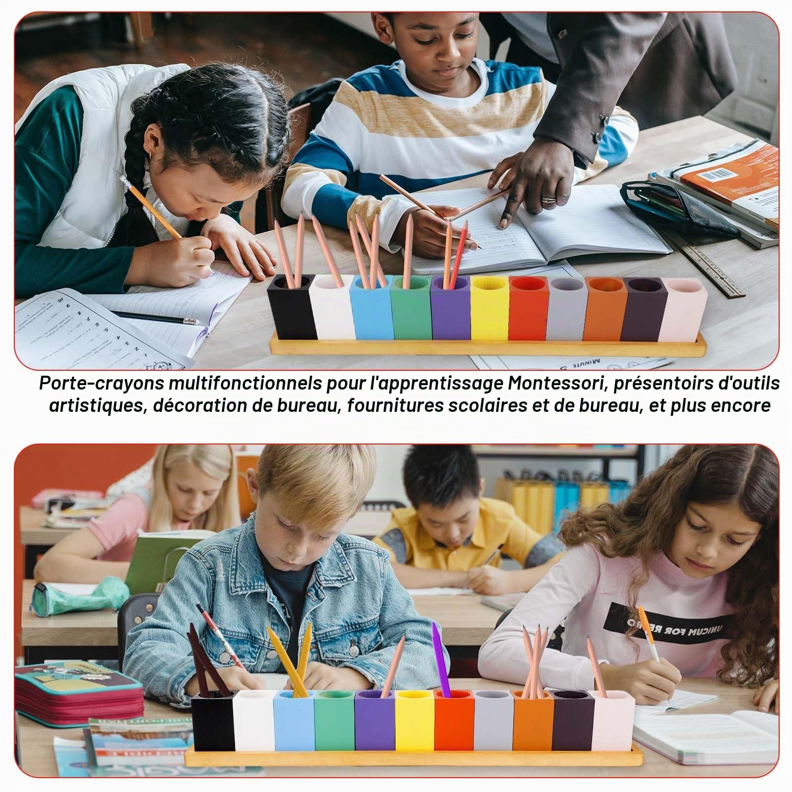 NQEUEPN Porte Crayon de Couleur en Bois, Porte Crayon Montessori Porte-stylo en Bois Montessori pour Salle de Classe 11 Tasses sur un Support, Crayons Non Inclus