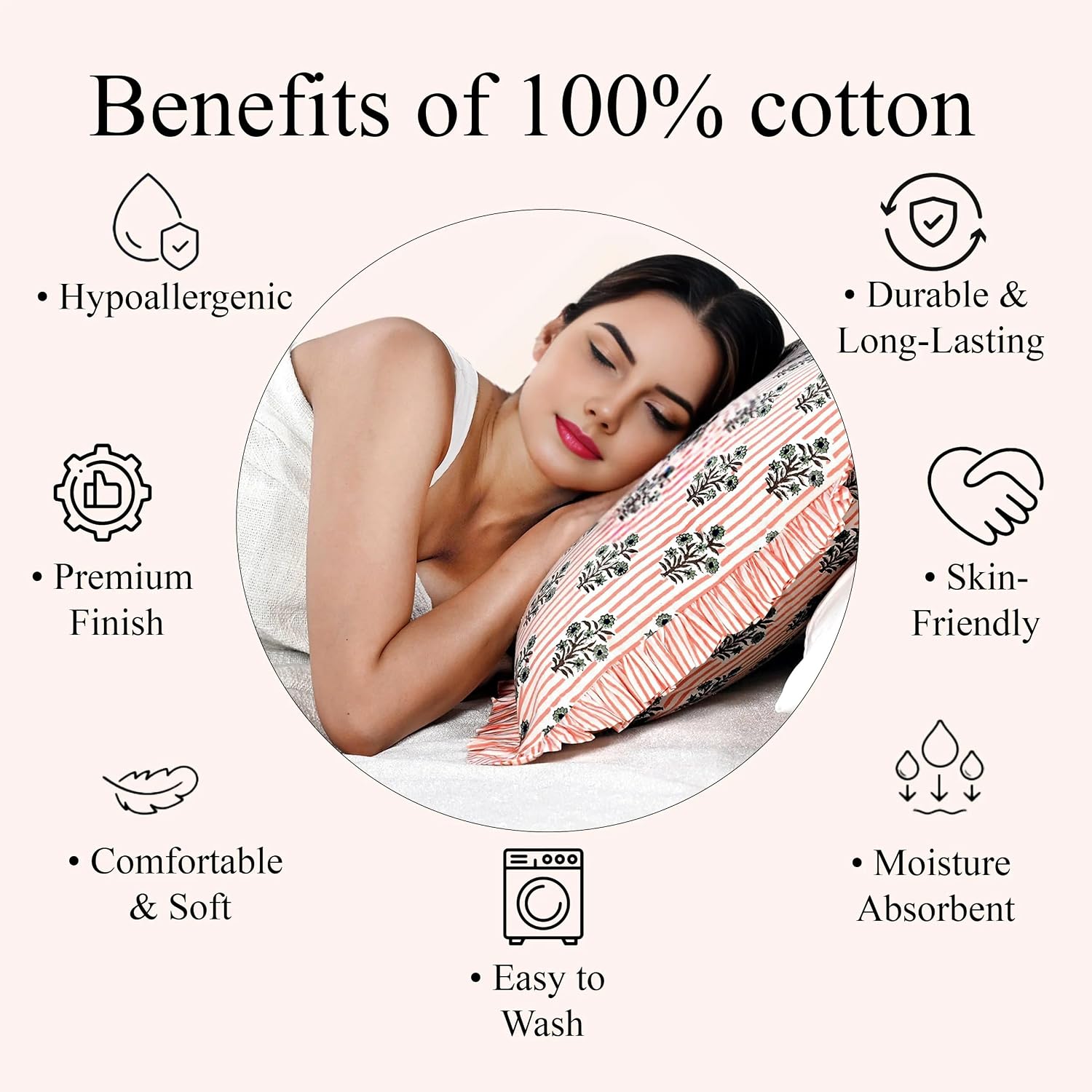 Ridhi Salmon Blossom Stripe 100% Cotton Block Print Ruffle Sham Cover 20x54 Set of 1 Floral Pillowcase, Farmhouse Cottagecore Bedding, Decorative Cushion Cover for Bedroom Spring, Easter, Valentine