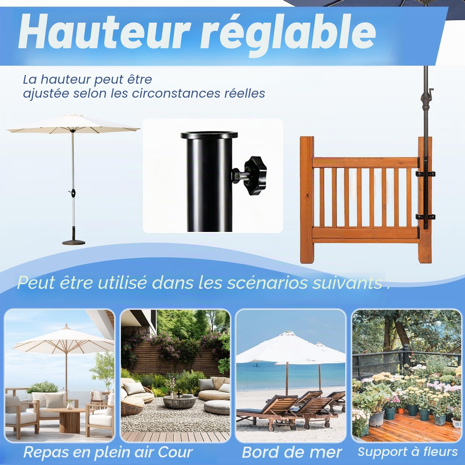 Support De Parasol, Pieds De Parasols pour Balcons Et Terrasses Pince Fixation Métallique Robuste Et Réglable pour Balustrade avec Pinces Et Vis pour Mât De Parasol De 40mm De Diamètre