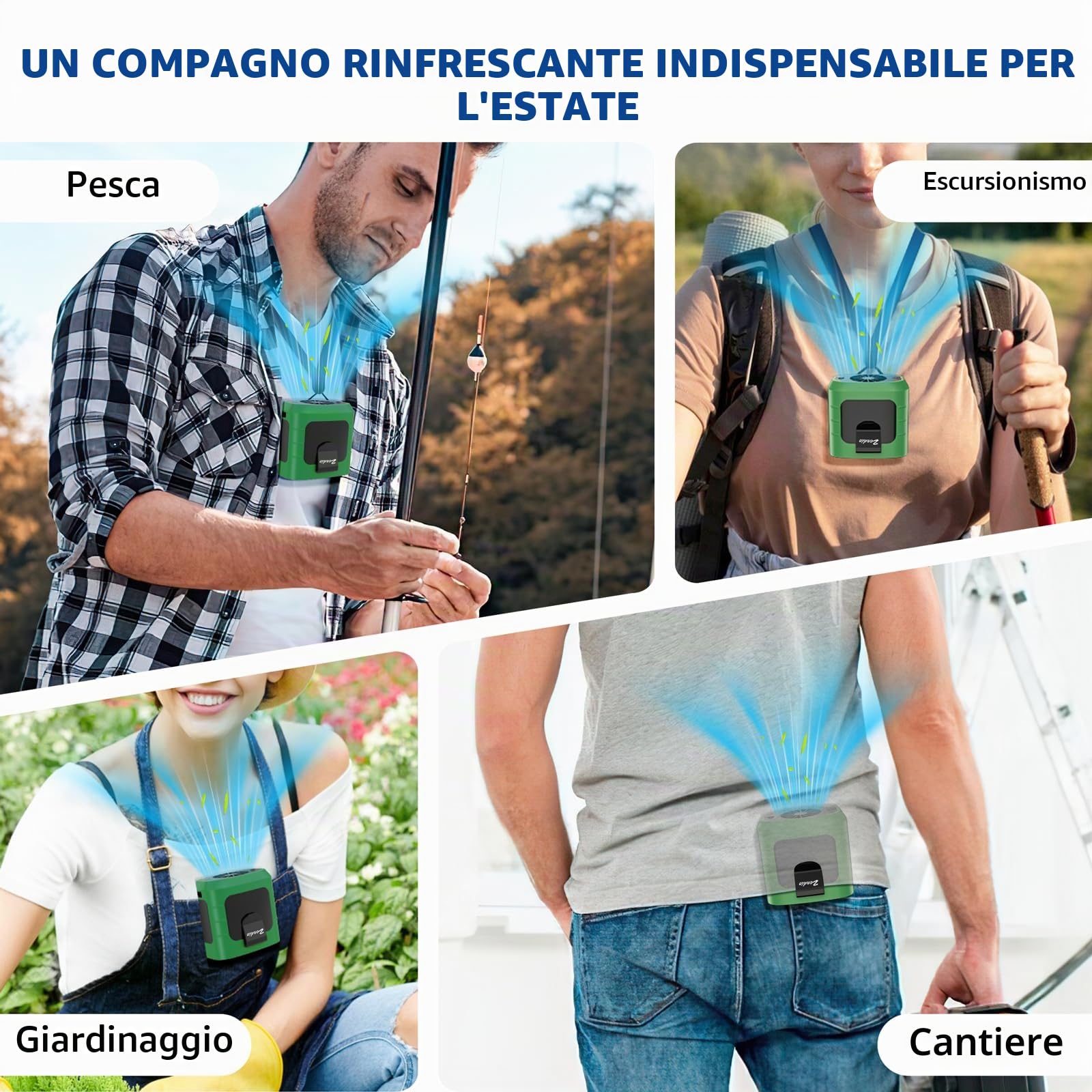 Zeadio - Ventilatore portatile con clip per cintura, 3 velocità, 10000 mAh, indossabile come collana, senza mani, con funzione di illuminazione per vampate di calore, per casa, ufficio, viaggi, sport