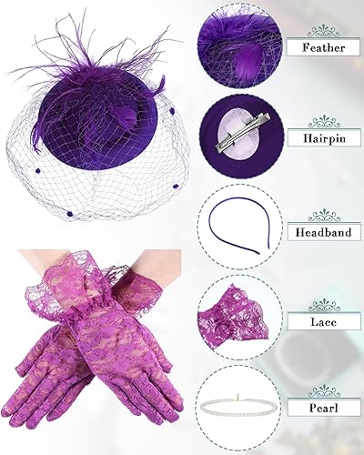 Miniatura 3 de 6 juegos de tocados para mujeres y niñas, sombrero de fiesta de té con guantes de encaje y collares de cuentas, sombrero de cóctel para fiesta de