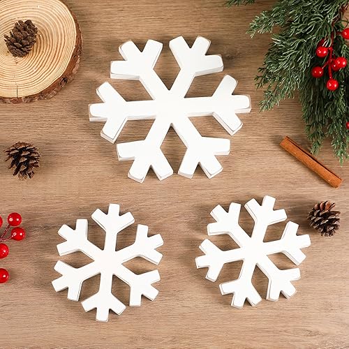 Miniatura 6 de Decoraciones de Navidad - 3 piezas de señales de bloque de copo de nieve de madera de invierno - Centros de mesa de copo de nieve de granja de