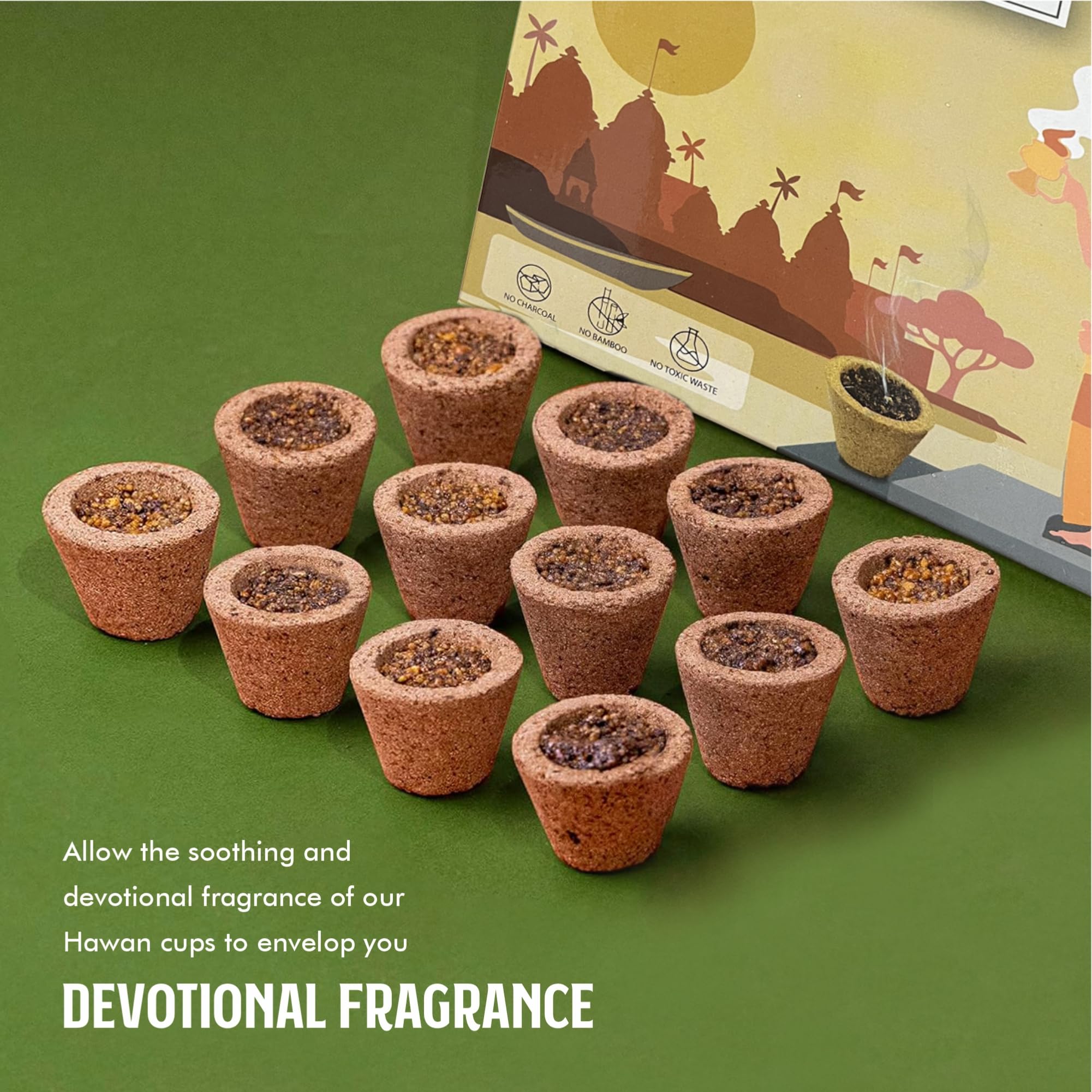 DEVALAYA Sambrani Havan Cups for Pooja (72 Cups, Pack of 6 Box), 100% Organic & Charcoal-Free, Infused with Orignal Guggal & Natural Loban, Hawan Samagri & Bhimseni Kapoor, No Artificial Scent