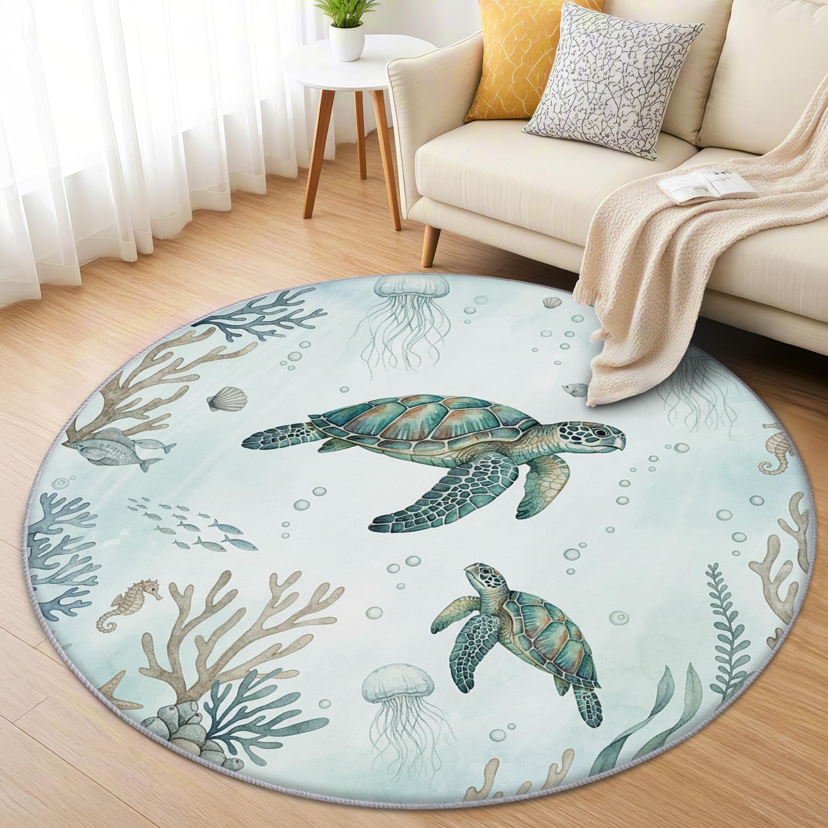 Schildkröte Teppich Rund 120cm Kurzflor - Waschbare Teppiche Wohnzimmer Meerestiere Koralle Ozean Thema - Runder Teppich 120 Durchmesser Kinderzimmer - Bettvorleger rutschfest Weich