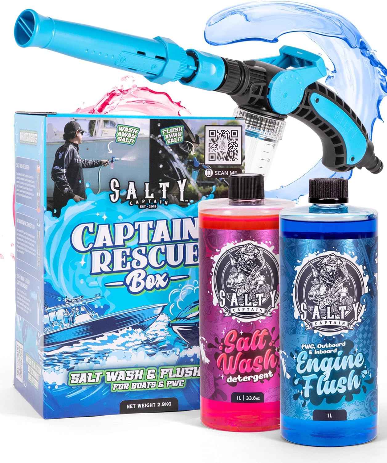 Salty Captain Salt Remover Kit 3pcs – Boat Wash Kit with Salt Wash Detergent, Outboard Engine Flush & 2-in-1 Garden Hose Musket for Boats, PWCs & Jet Skis – Removes Salt & Protects Against Corrosion