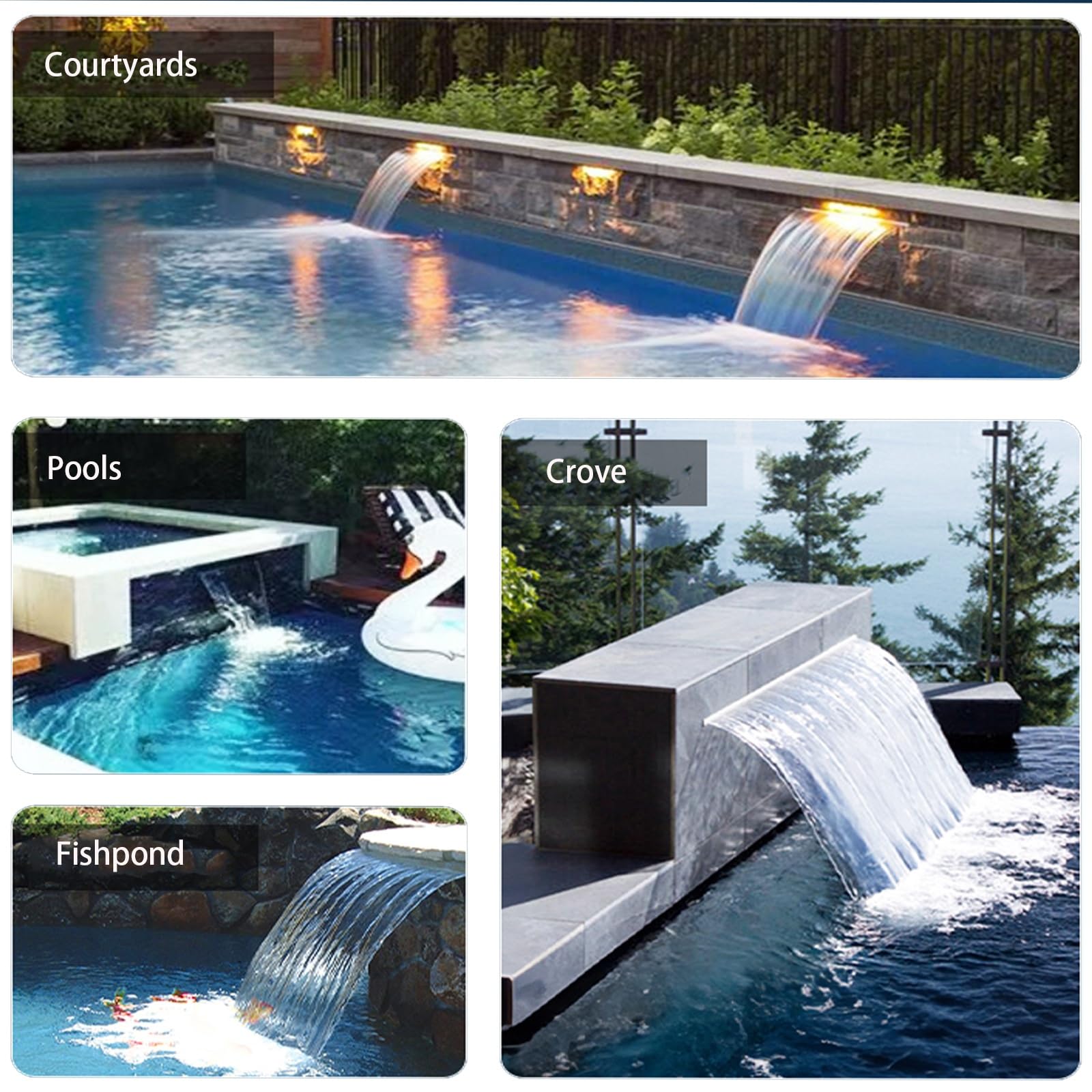 Cascata in acciaio inossidabile per giardino, stagno, patio, fontana, fontana, fontana, piscina, cascata per esterni, per un design moderno del paesaggio