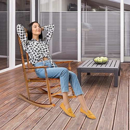 Miniatura 2 de VINGLI Mecedora de madera para exteriores, mecedoras de patio con respaldo alto, soporte de 450 libras, para porche, patio, balcón, jardín, patio