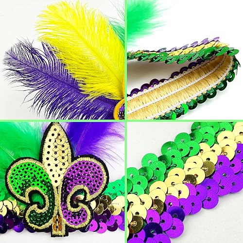 Miniatura 2 de Wittocs Paquete de 2 diademas de plumas de Mardi Gras con lentejuelas de flor de lis, morado, amarillo, verde, diadema de cóctel, ajustable,