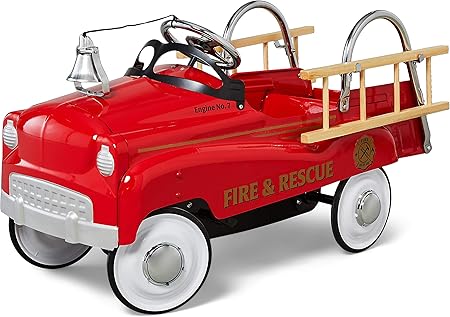 Kid Trax Fire Truck Pedal Car for Toddlers, Ages 3-5, Easy Assembly, Durable Steel, Indoor/Outdoor Ride-On, 60lbs Max, Classic Style, Functional Steering, Red, Kids Fire Truck Ride-On, Vintage
