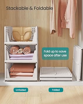 SONGMICS Stackable Wardrobe Storage, Foldable Closet Organiser, Set of 6 Pull-Out Baskets, Closet Storage and Organisation, Bedroom, Office, Bathroom, White LPC600WZ01