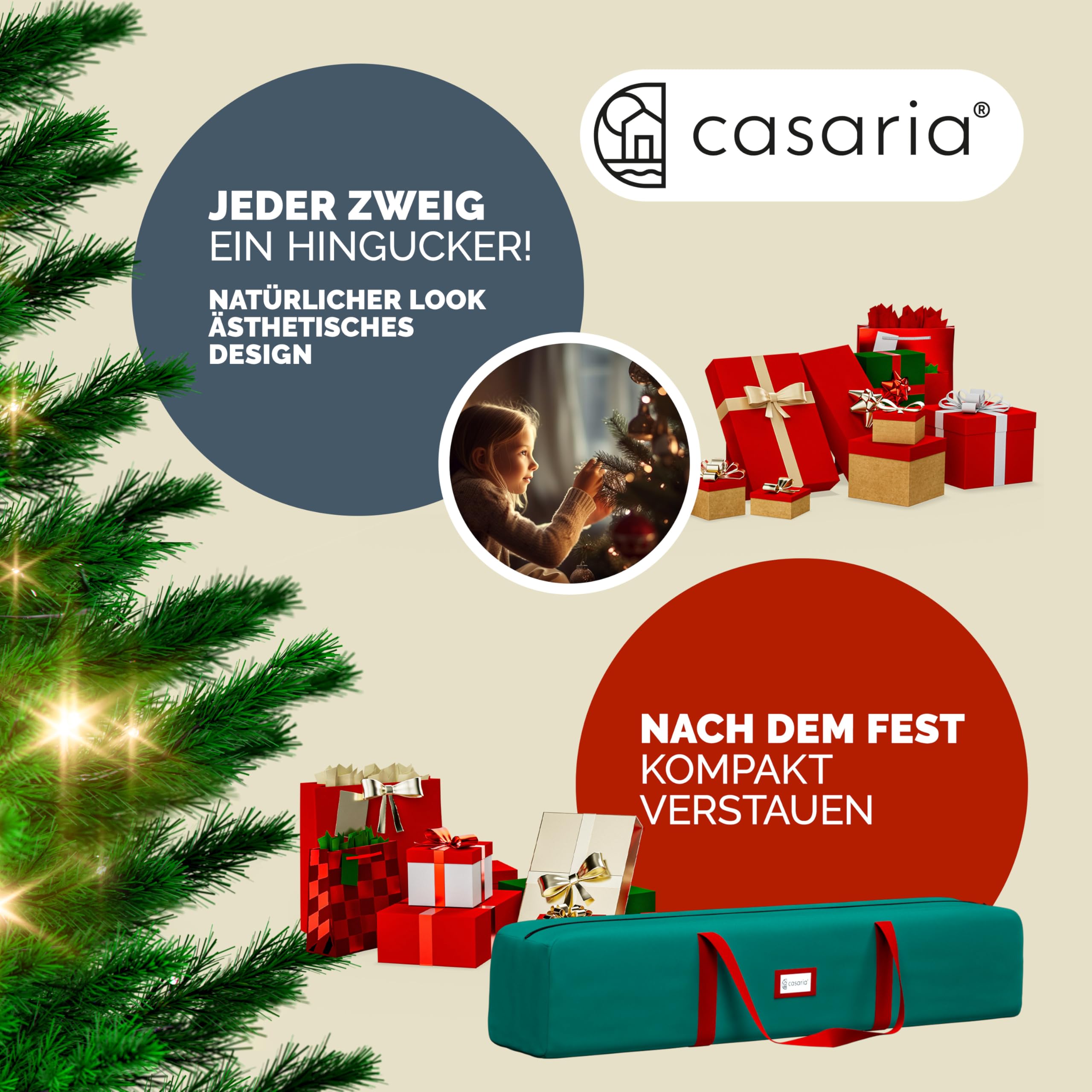CASARIA® Weihnachtsbaum künstlich 150 cm Lichterkette 100 LED Tannenbaum mit Beleuchtung wie echt Stecksystem dichte Spitzen stabil schwer entflammbar | mit Beleuchtung, Lichterkette, 100 LED, Tannenbaum, dichte Spitzen, stabil, schwer entflammbar, Stecks