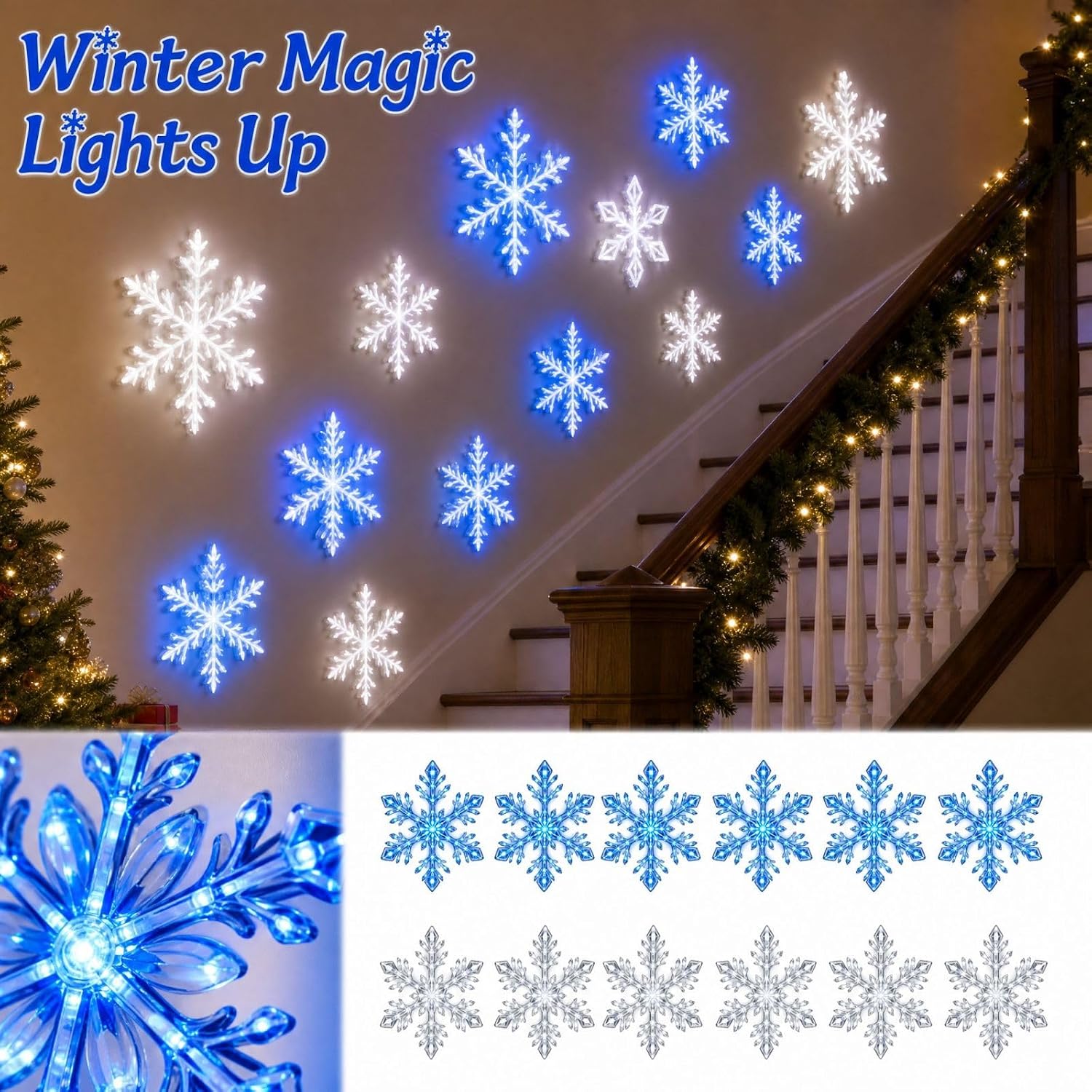 12pc Christmas Window Snowflake Lights Decorations 6 Blue 6 White，24pc