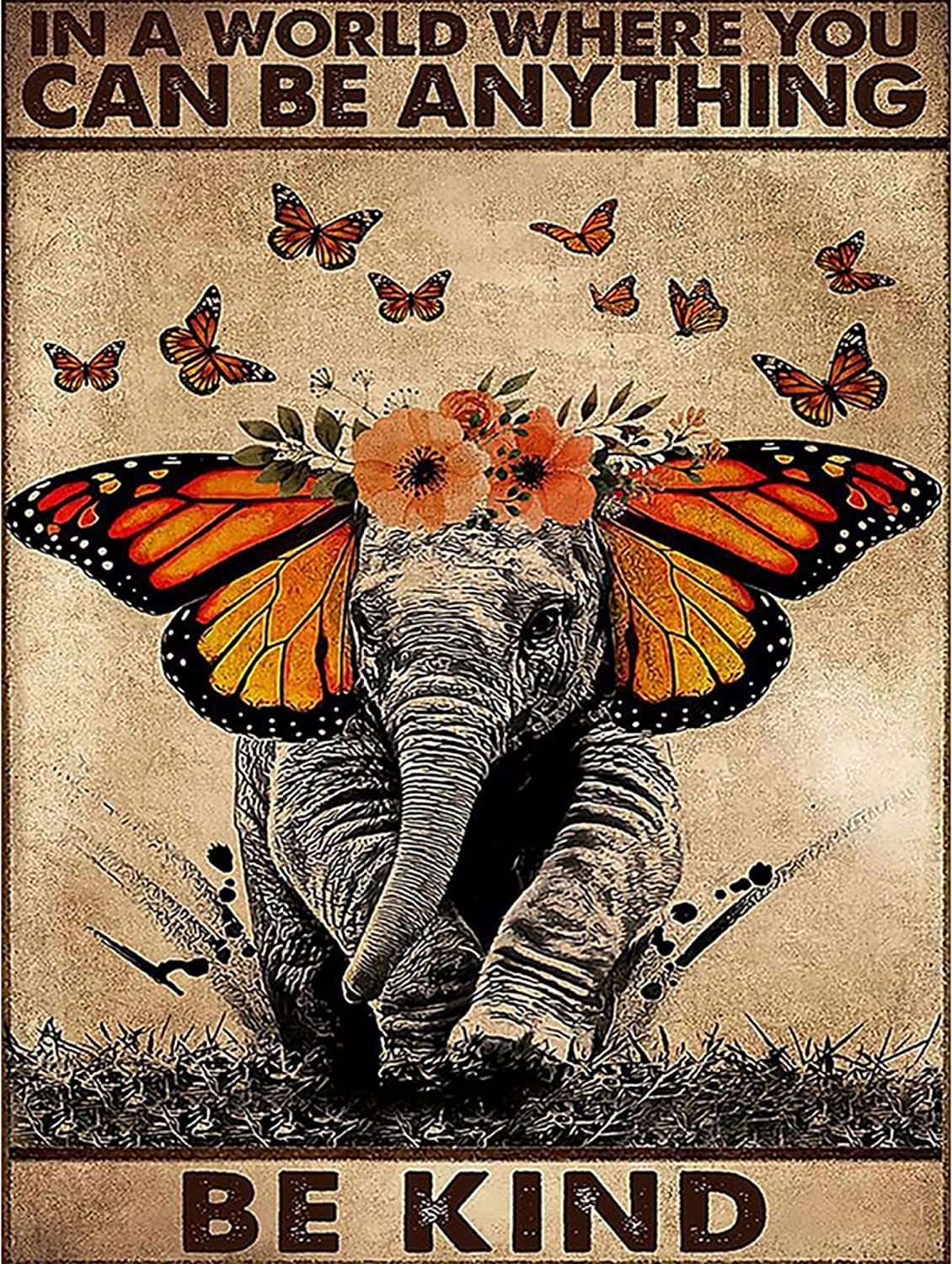 Children's Butterfly Elephant Vintage Metal Sign Plaque Metal Fun Tin Sign Entrance Decoration Gallery Wall Sign 12x8inch