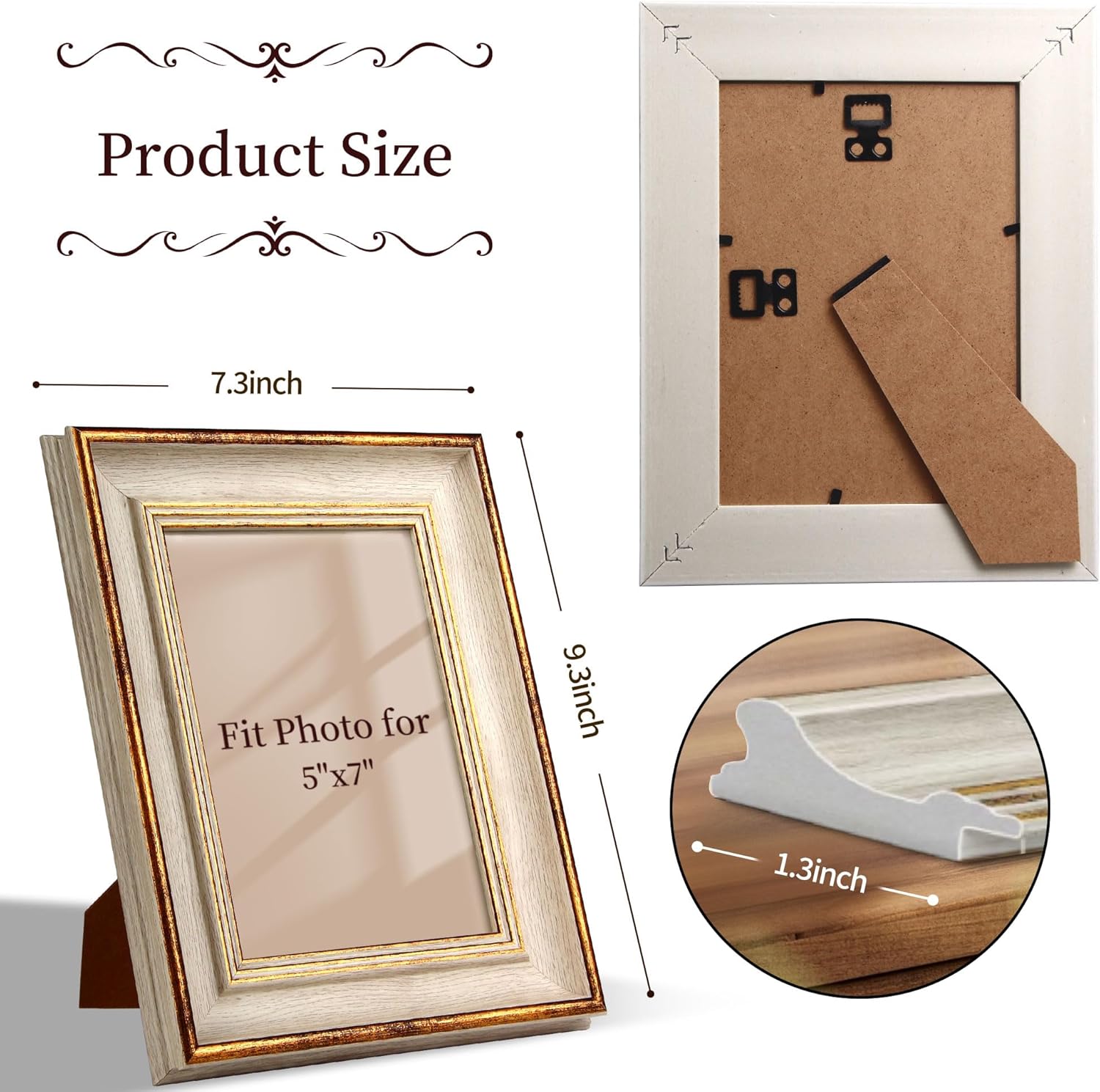 5x7 Picture Frame Retro White Gold Line Vintage Picture Frames Antique Photo Frame Wall Hang Desktop Decor Display Mothers Day Birthday Gifts for Mom Grandma Women