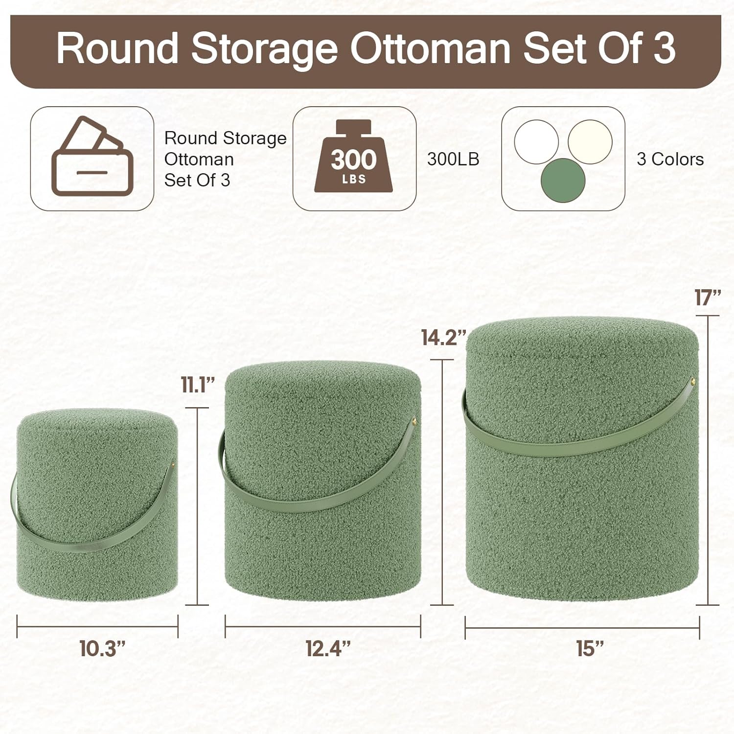 busyaeh Round Ottoman with Storage,Set of 3,Ottoman Coffee Table with Handle,Foot Stool Ottomans for Living Room,Small Coffee Table with Tray lid,Vanity Stool with Storage for Bedroom, (Boucle-Green) Boucle-green-set of 3