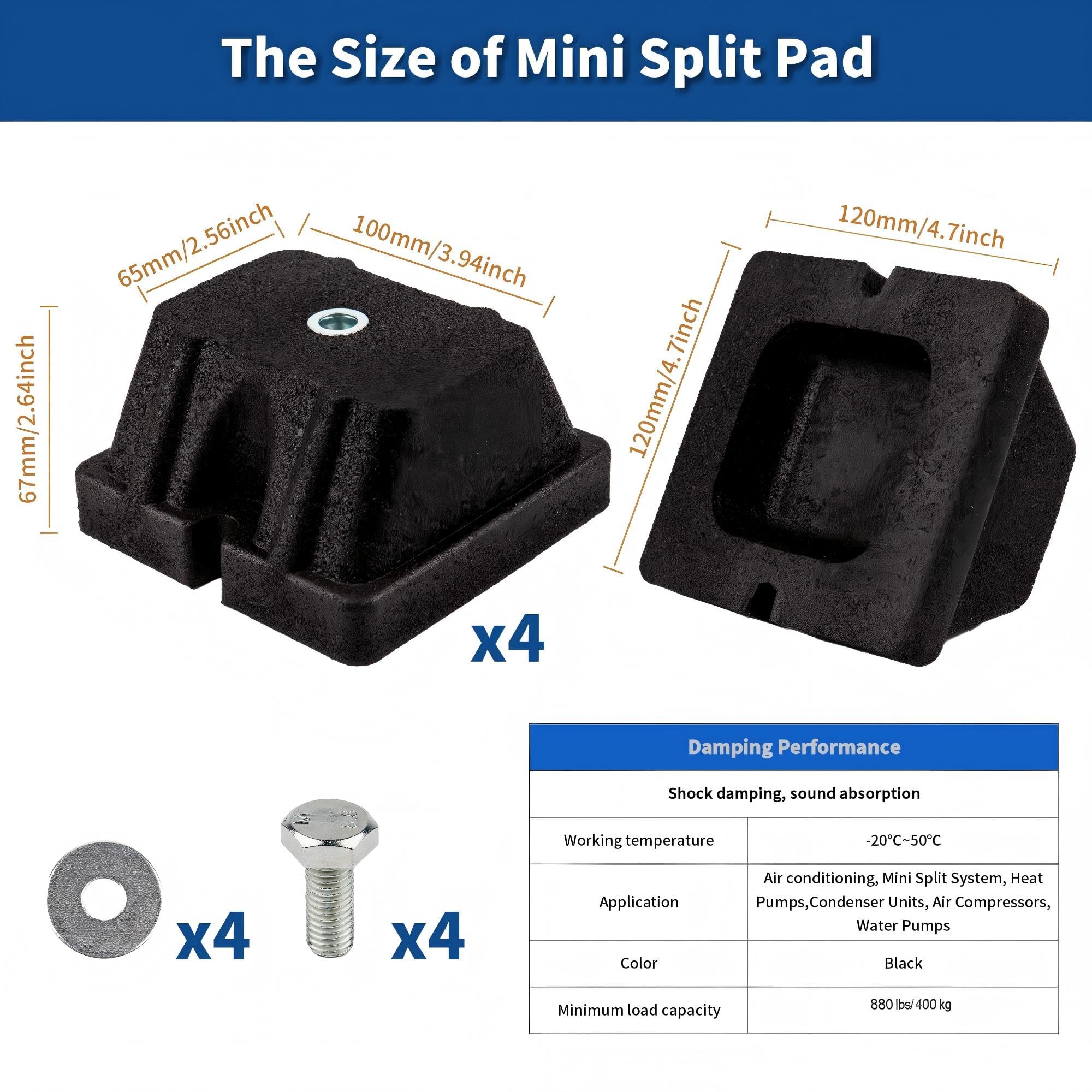 4 piedini antivibrazione in gomma per unità esterne, 9000-60000 BTU, portata 400 kg, 120 mm x 120 mm x 67 mm, isolamento acustico e assorbimento degli urti per climatizzatori, pompe di calore