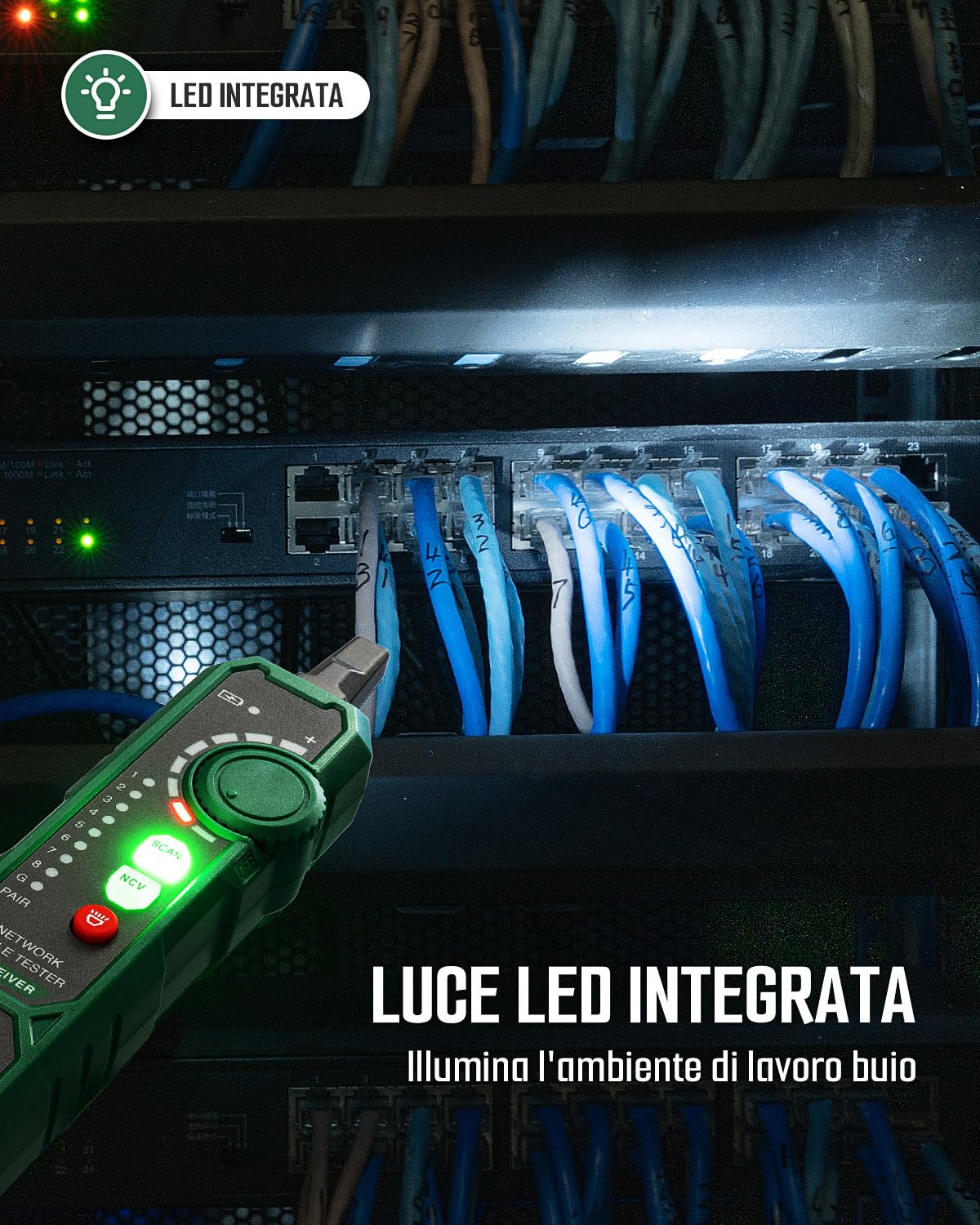 TESMEN TLP-900AR Tester per cavi di rete, RJ11 RJ45, per CAT5/6/POE/STP, con accoppiamento, Continuità, QC e NCV, adatto per Ethernet, Telefono, Manutenzione e smistamento dei cavi - Verde