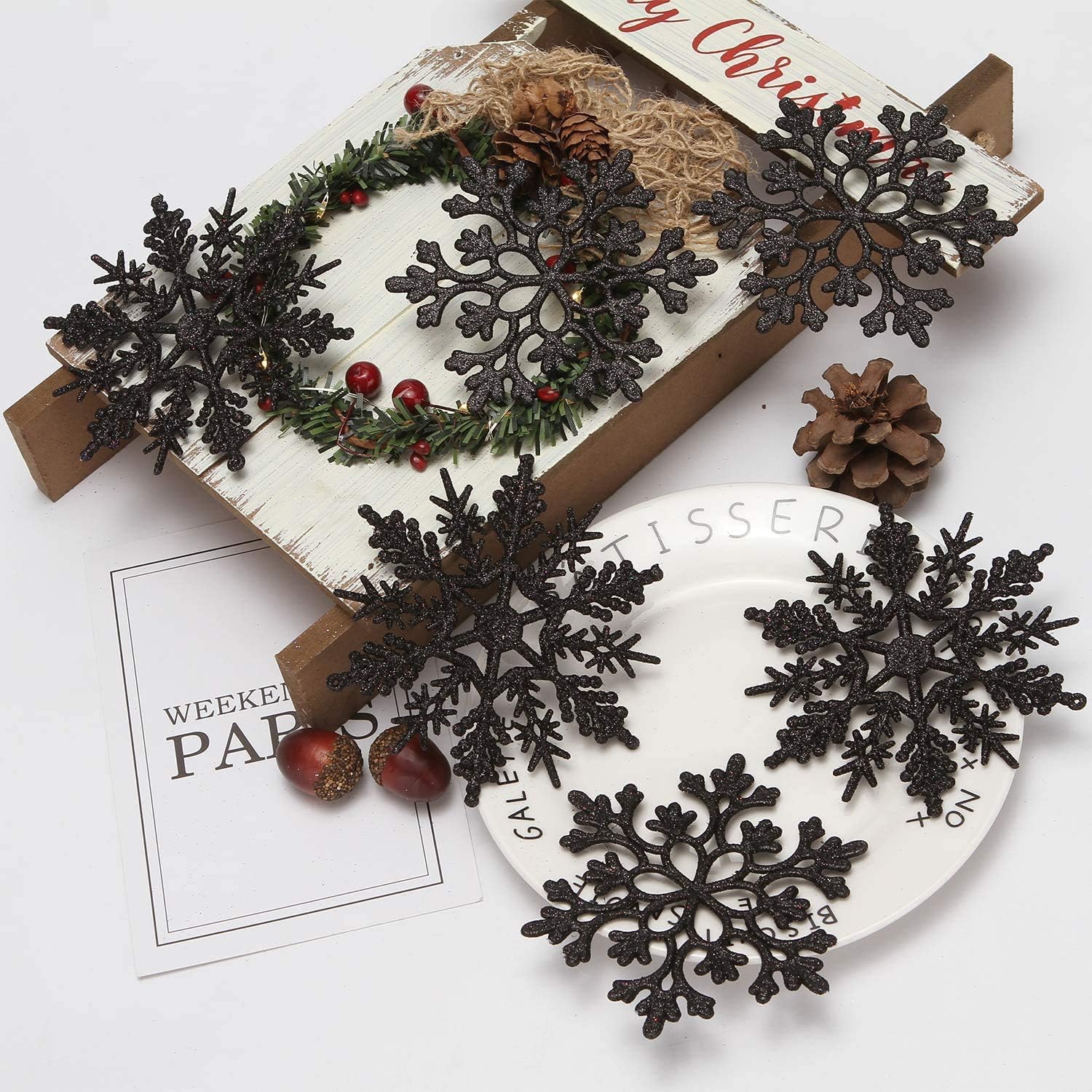 40個 ブラック プラスチック クリスマスグリッター スノーフレーク オーナメント クリスマスツリーデコレーション サイズ各種