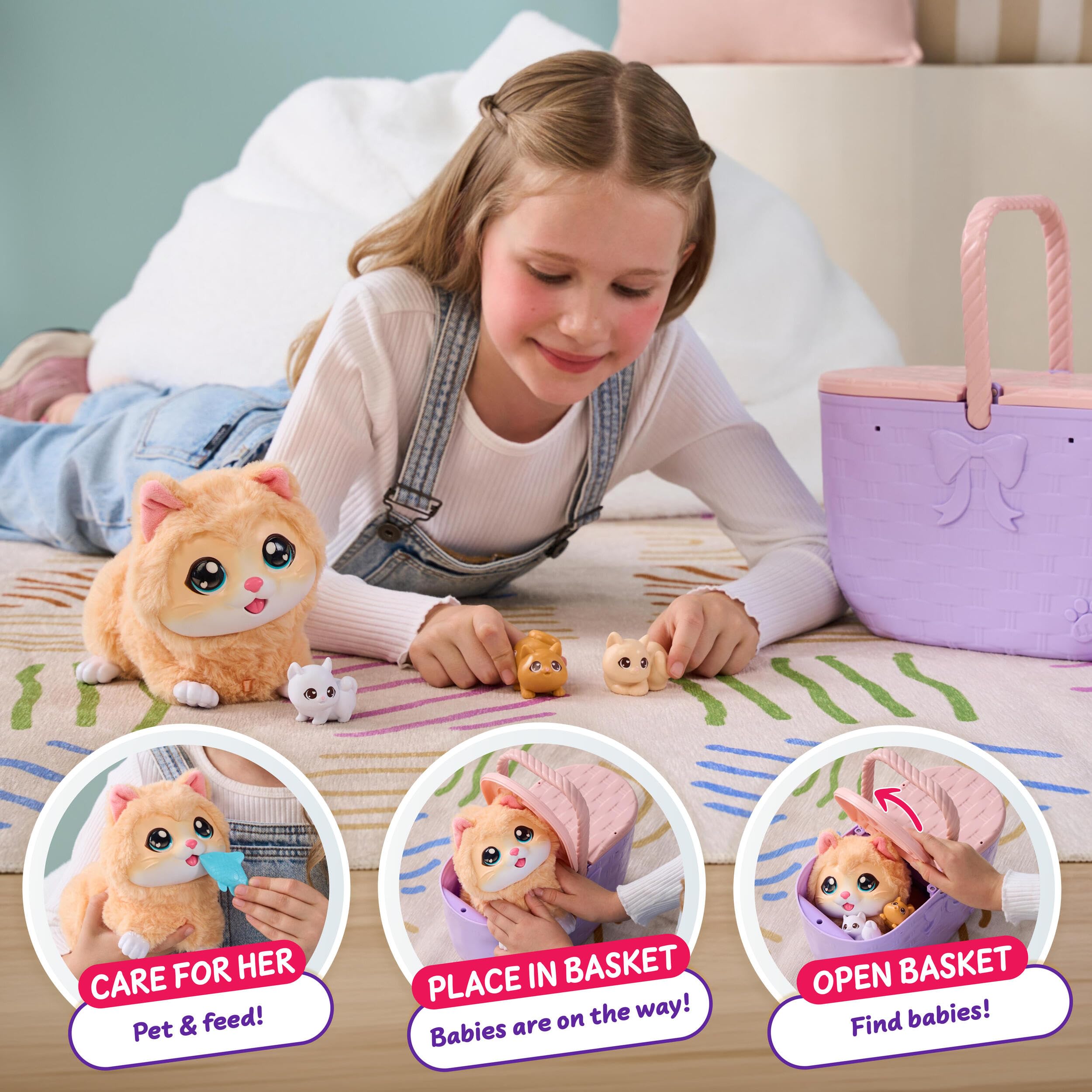 Little Live Pets Mama Surprise Kittens - Mamá interactiva con +15 Sonidos y reacciones - Mamá Tiene 3 bebés Sorpresa - Reacciona al Tacto - Come Pescado - Cesta de Transporte - A Partir de 4 años | Cesta portátil, accesorio de peces, 3 gatitos bebés y más
