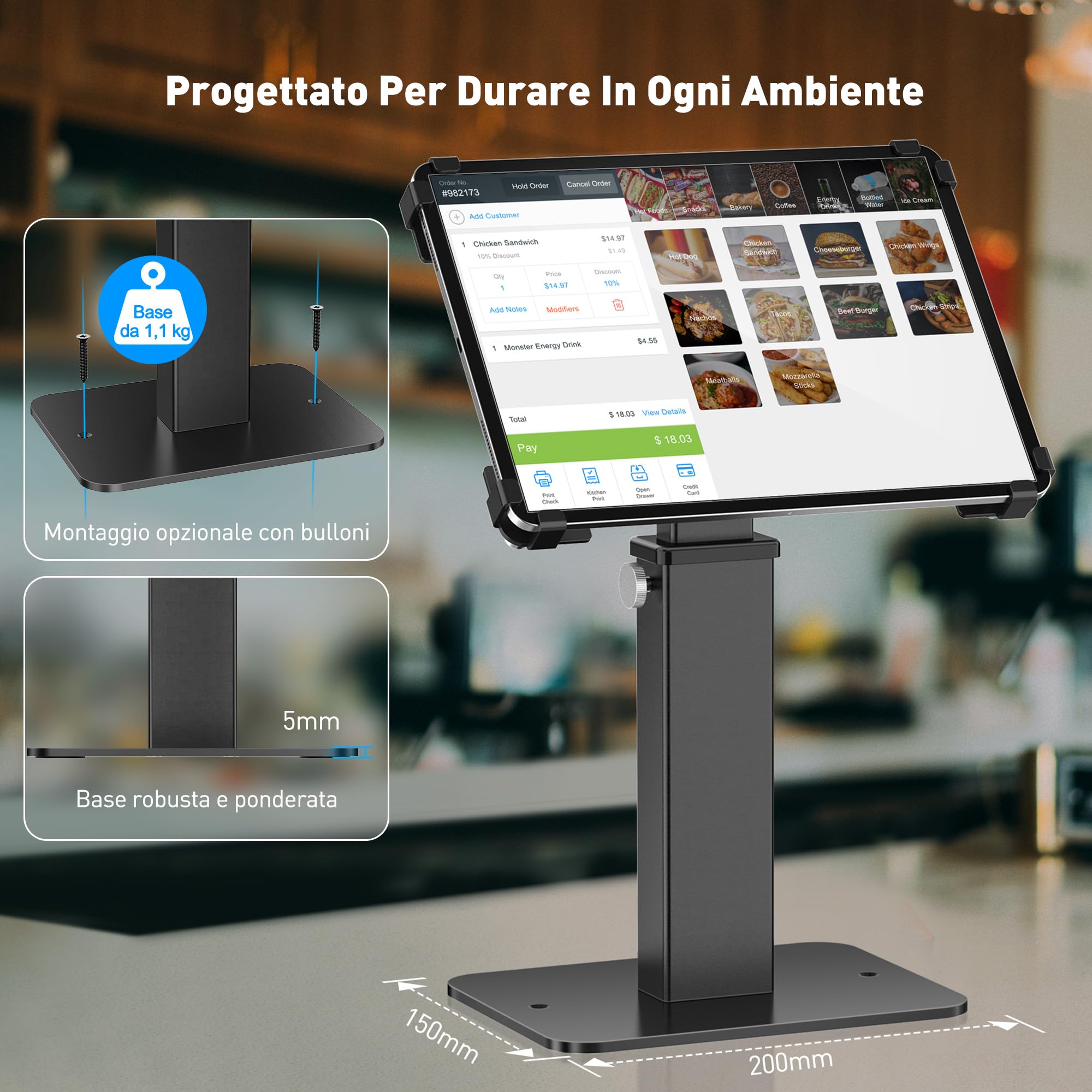 AboveTEK Supporto Chiosco Antifurto per iPad, Rotazione 360° e Altezza Regolabile 21-34 cm, Acciaio e Alluminio Resistente, per Tablet da 9.7"-13", Supporto di Sicurezza POS per Uso Commerciale-Nero
