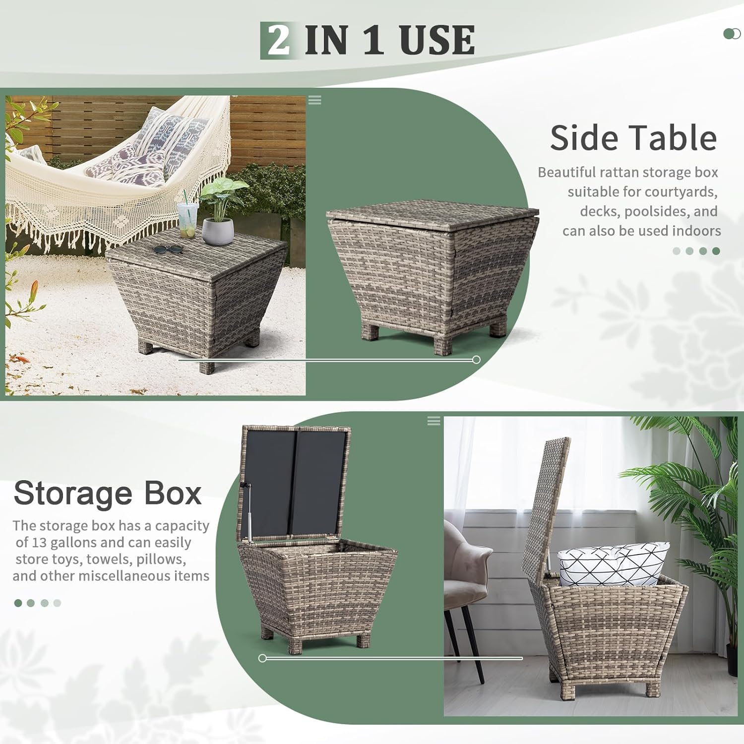 Diagram showing the VINGLI side table in two modes: as a side table and with its lid open revealing storage.