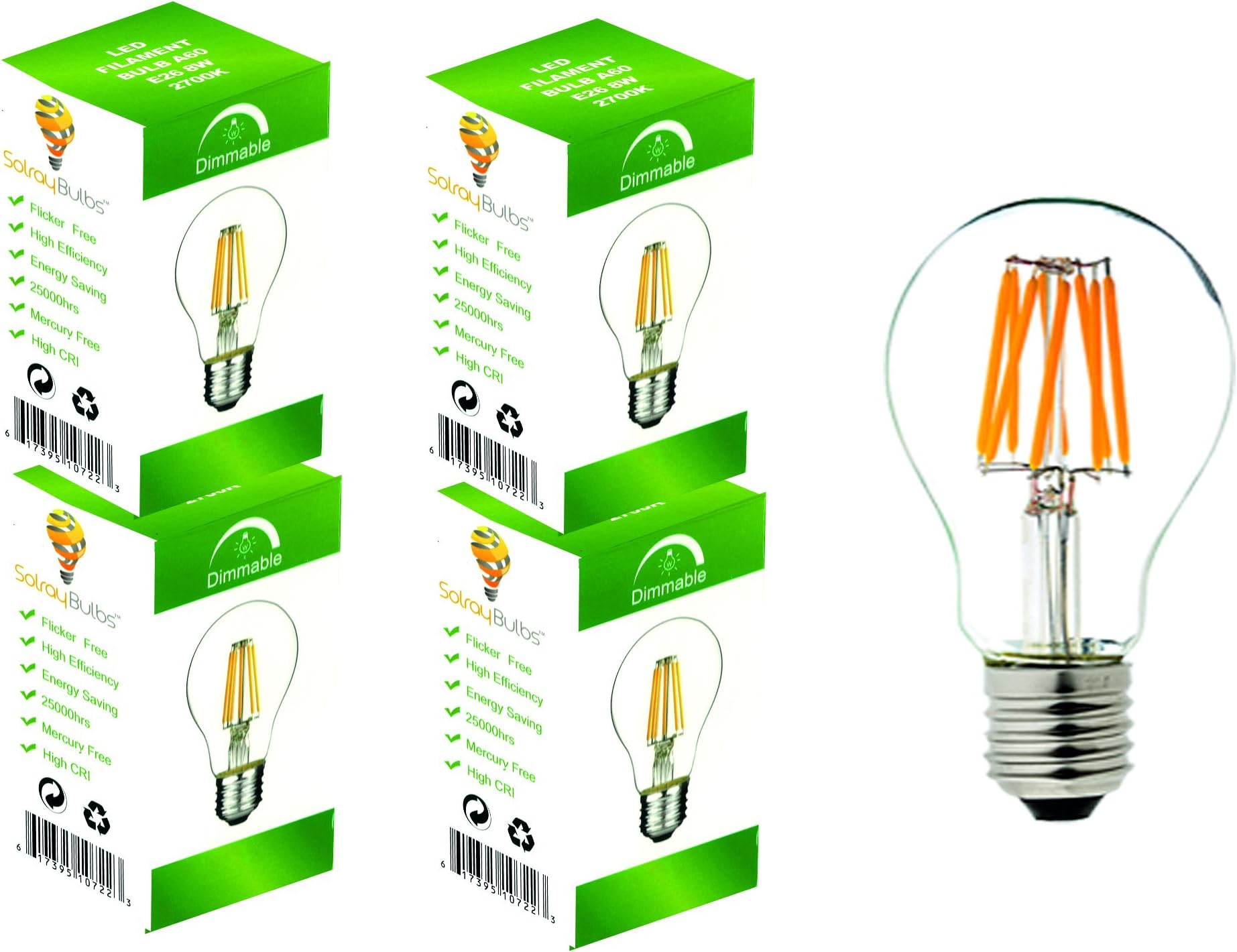 LED A19 Filament Light Bulbs, 4 Pack 8W (60 Watts Equivalent) Soft White 2700K, Dimmable With 360° Beam Angle - By Solray