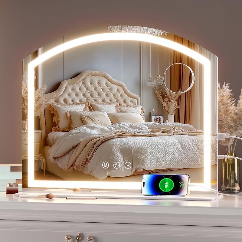Espelho de mesa Hasipu em arco com LED, 60,96 cm x 50,8 cm, 10X, 3 modos de luz e porta USB