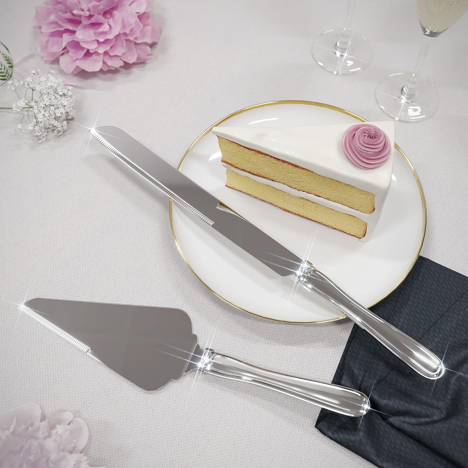 Grace Cake Knife and Server Set - Silver Wedding Cake Knife and Server Set That Features 3 Crystals Embedded on the Handles | Use Cake and Knife Wedding Server for Weddings, Anniversaries or Birthdays