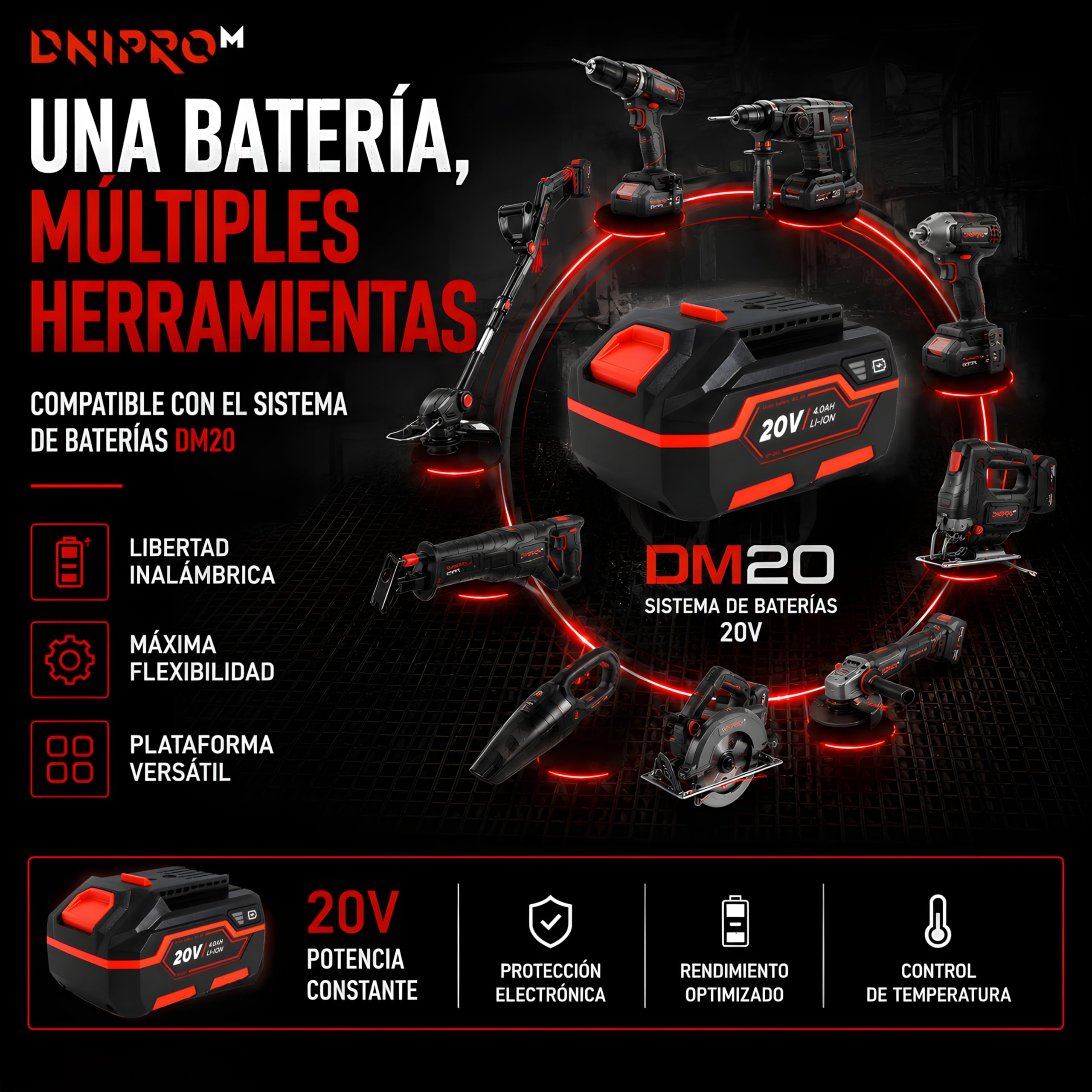 Cortabordes Inalámbrico 20V con Batería 2Ah BP-220 y Cargador, Recortadora de Césped con Barra Telescópica, Compatible DM20 con Más de 300 Herramientas, DTC-201