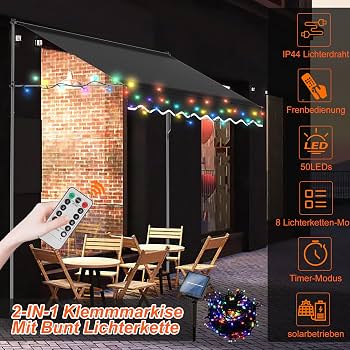 Gimisgu Klemmmarkise, 300x120cm Markise mit Solar Bunt LED Lichterkette, 2in1 Balkonmarkise mit Handkurbel Balkon, Höhenverstellbar, UV-beständig Sonnenschutz, ohne Bohren, Grau
