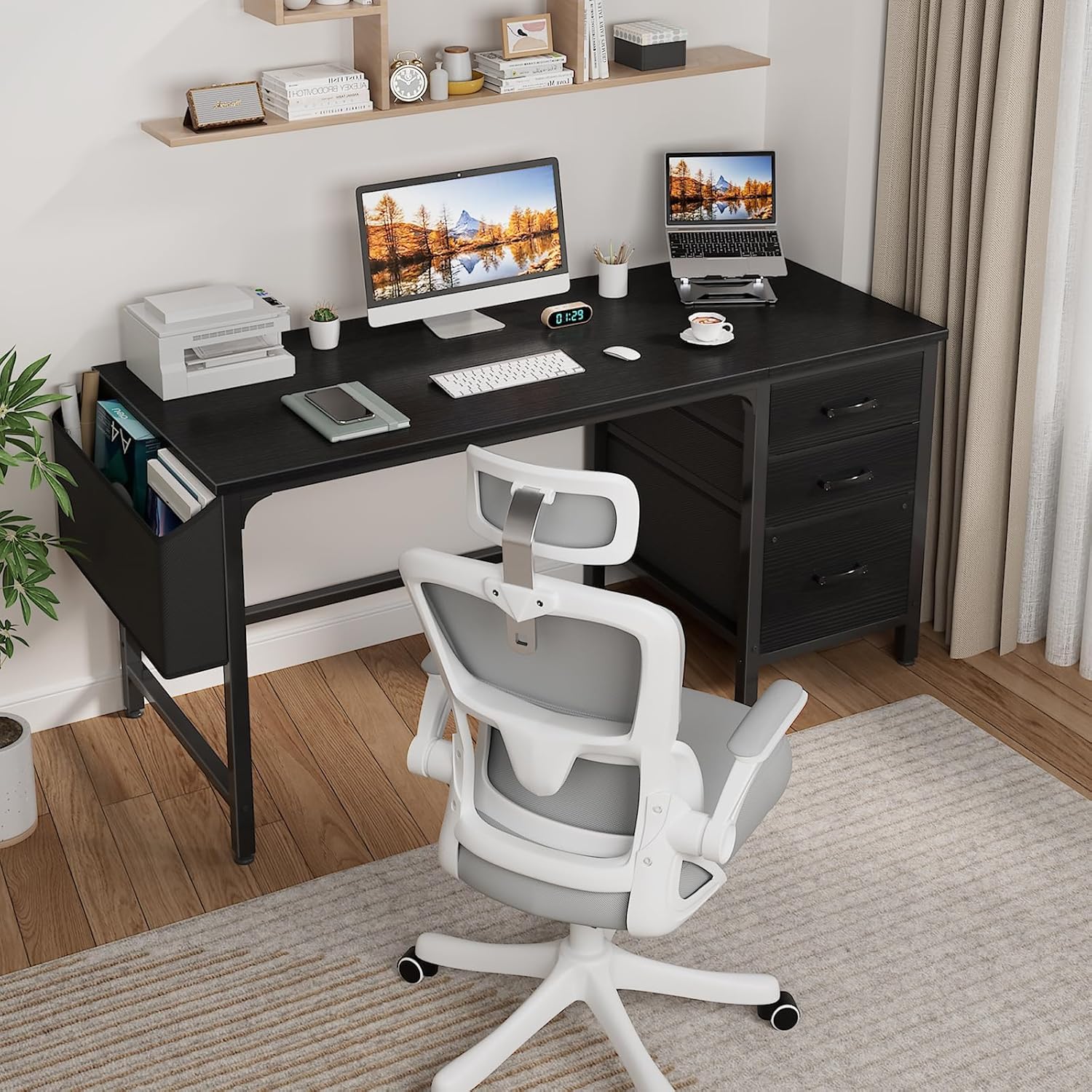 Lufeiya Computer Desk with Fabric File Drawers Cabinet, 55 Inch Reversible Home Office Desks with Filing Cabinet, Study Writing Table PC Desks with Storage for Bedroom, Black