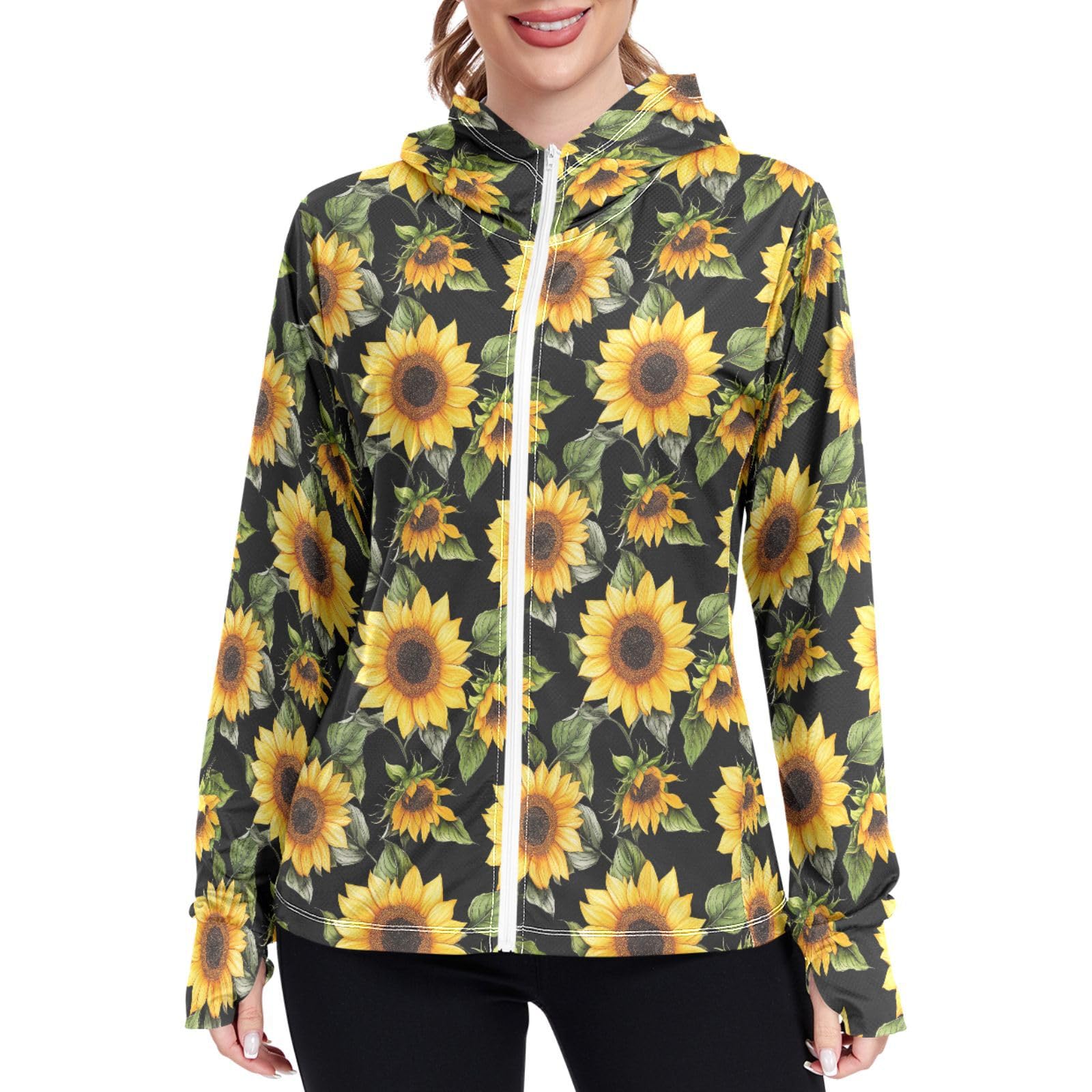 Yellow Sunflowers Black Sun Protection Hoodie Jacket for Women Lightweight Womens Zip Up Jackets UPF 50+