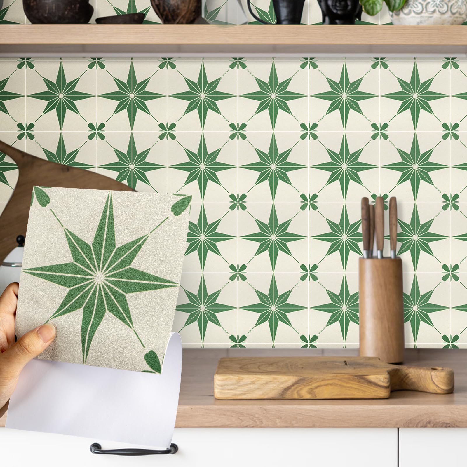 Tile Stickers Green, Stars Stick on Tiles Matt 15x15cm 12Pcs, Vinyl Self Adhesive Wall, Waterproof Peel and Stick for Bathroom, Removable Backsplash for Kitchen
