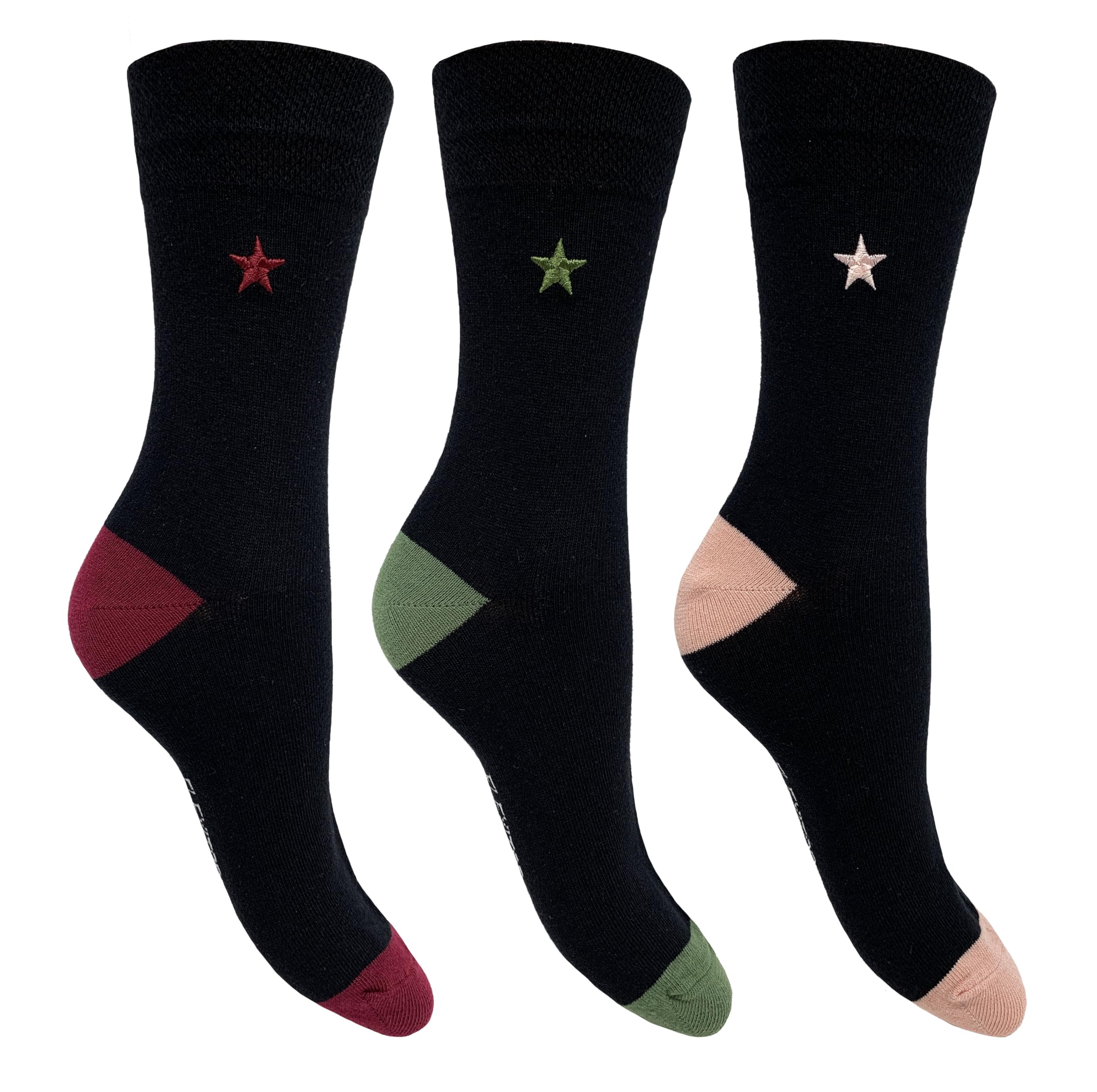 Flexitop Ladies heel and toe Socks | 3 Pairs | U.K. Size 4-7| Ladies heel and toe socks, soft hold, comfort ladies socks, gentle grip socks. (Black Embroidery Mix)