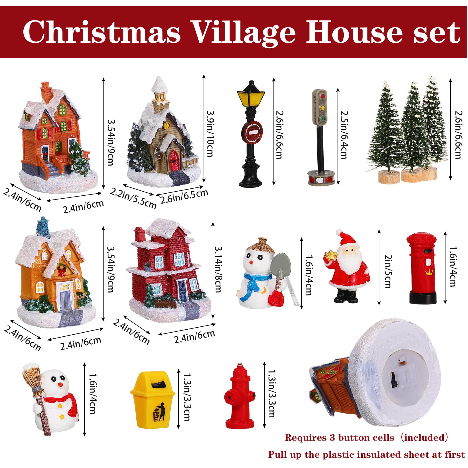 Briwooody Lot de 17 maisons de village de Noël lumineuses à DEL avec figurines en résine - Décoration de bureau - Collection de village de Noël - Décoration d'intérieur - Bâtiments de collection