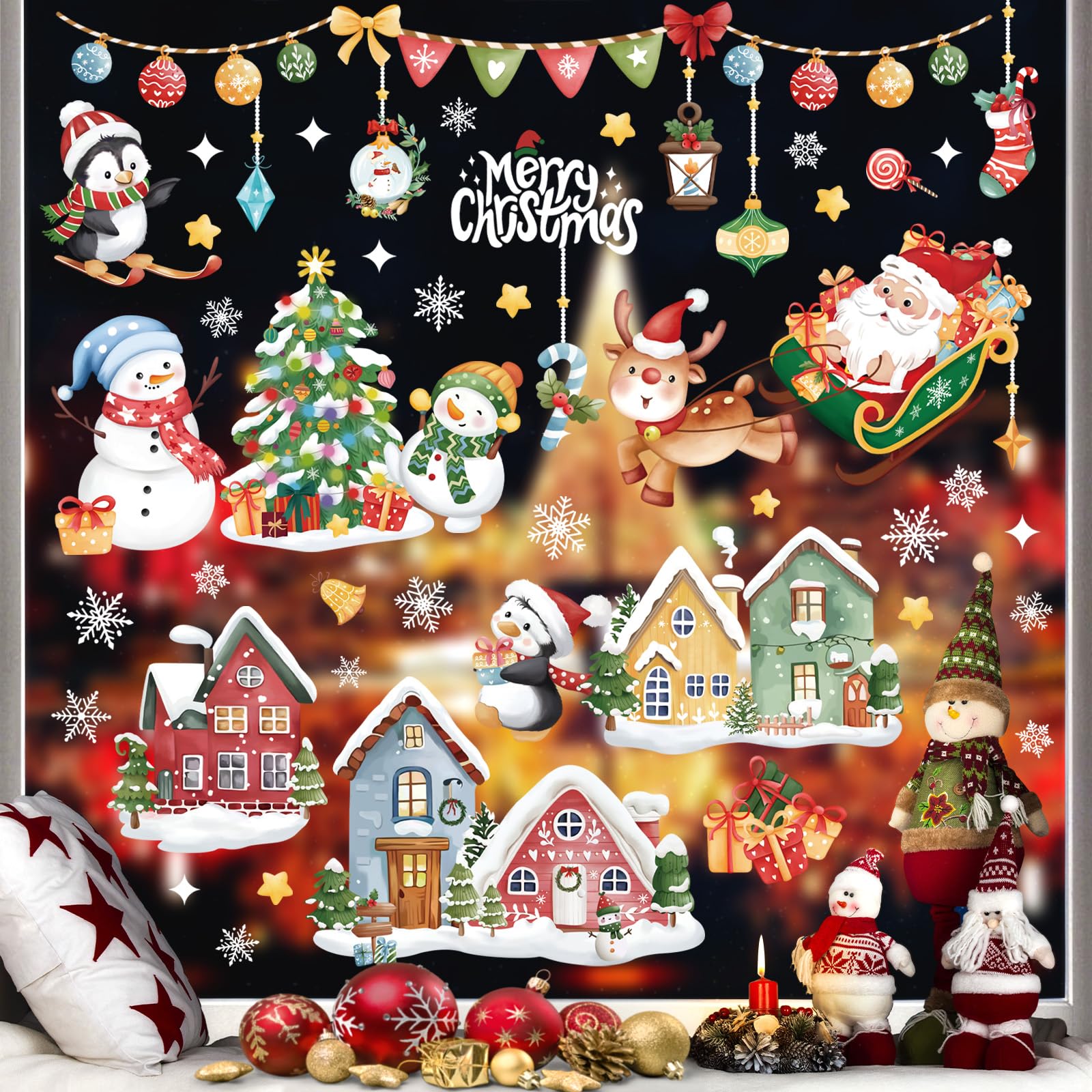 Autocollants Fenêtre Noël électrostatiques - Lot De 9 Feuilles 20x30 Cm - Sans Colle (eau) - Arbre, Père Noël, Rennes, Flocons
