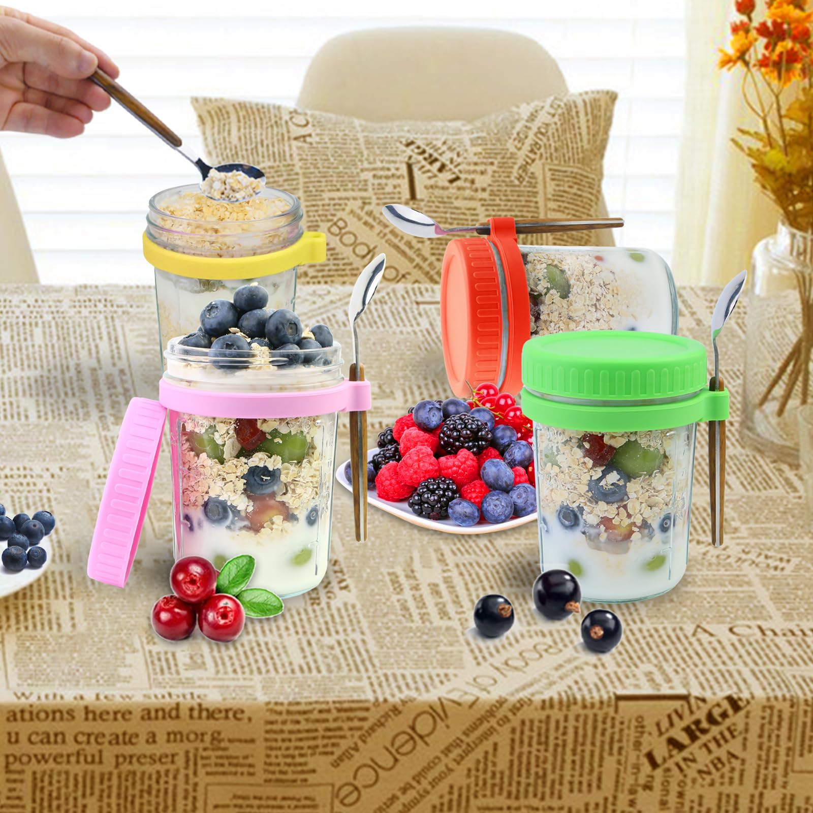 Feelhap voorraadpotten met deksel, set van 4 x 600 ml potten voor overnight oats, glazen voorraadpotten, glazen keukenpotten, kruidenpotten, afgesloten potten voor ontbijtgranen(lepel niet inbegrepen